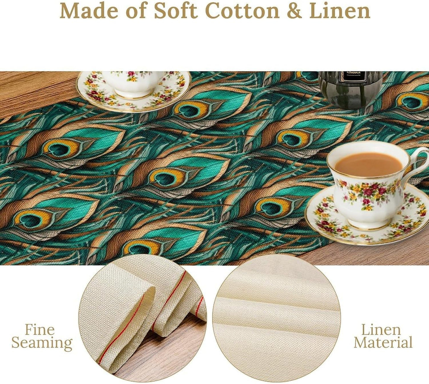 Peacock Feather Table Runner,Retro Aesthetic Green Table Runner for Home Kitchen Dining Party Indoor Outdoor Decoration 13x120 Inch