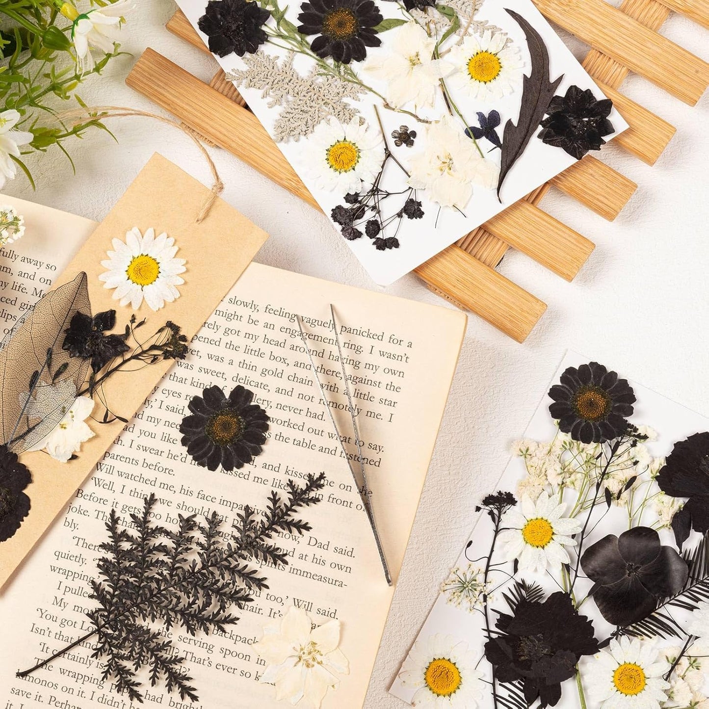78 Pcs Black and White Dried Pressed Flowers with Tweezer, Halloween Themed Real Dried Flowers Leaves for DIY Crafts Resin Molds, Dried Flowers for Autumn Halloween Decorations