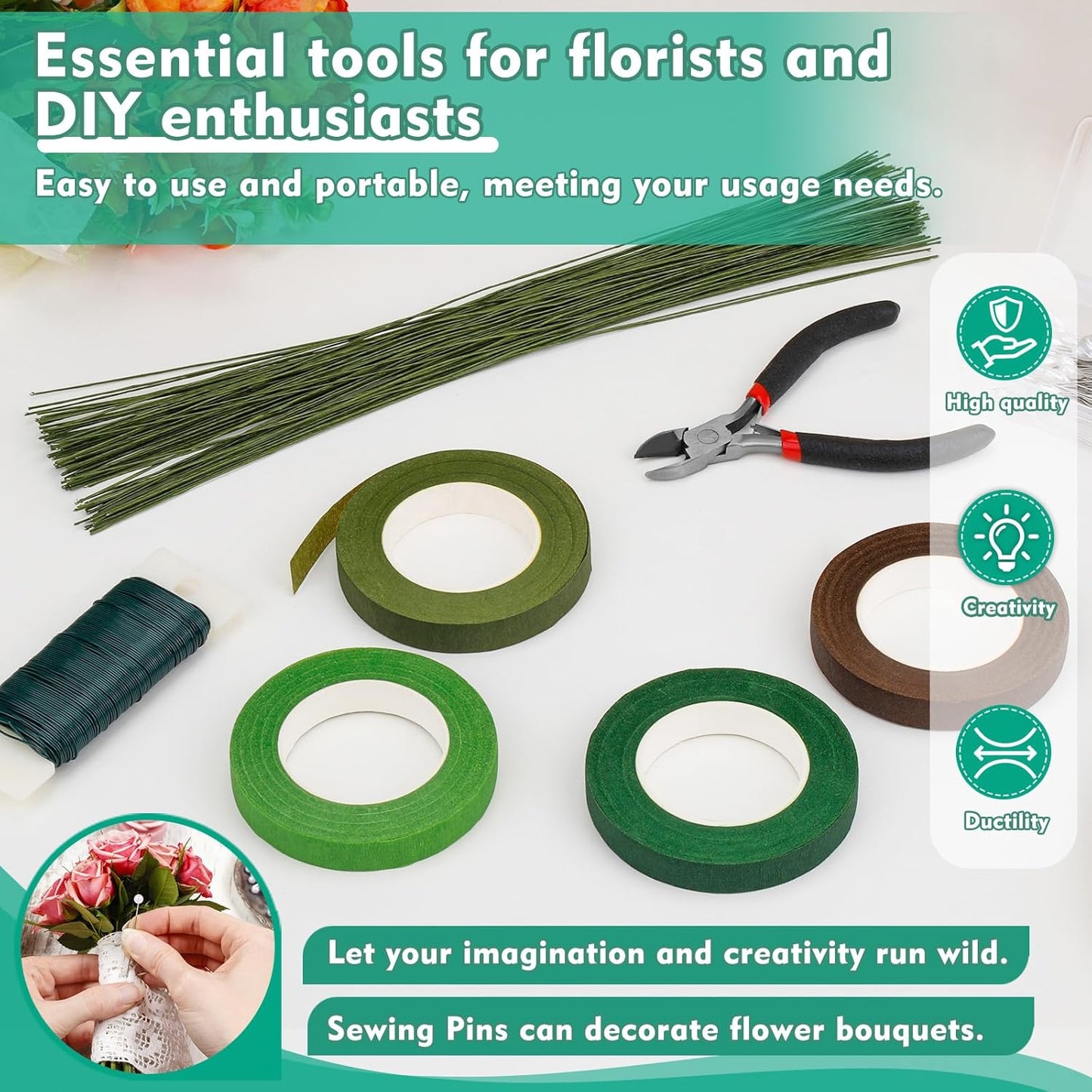 Floral Tape and Wire, Green Floral Tape, Arrangement Tools Kit with Wire Cutter, 22 Guage Paddle Wire 26 Gauge Flower Wire Set, Boutonniere Pin for Bouquets, Crafts, Wrap Florist