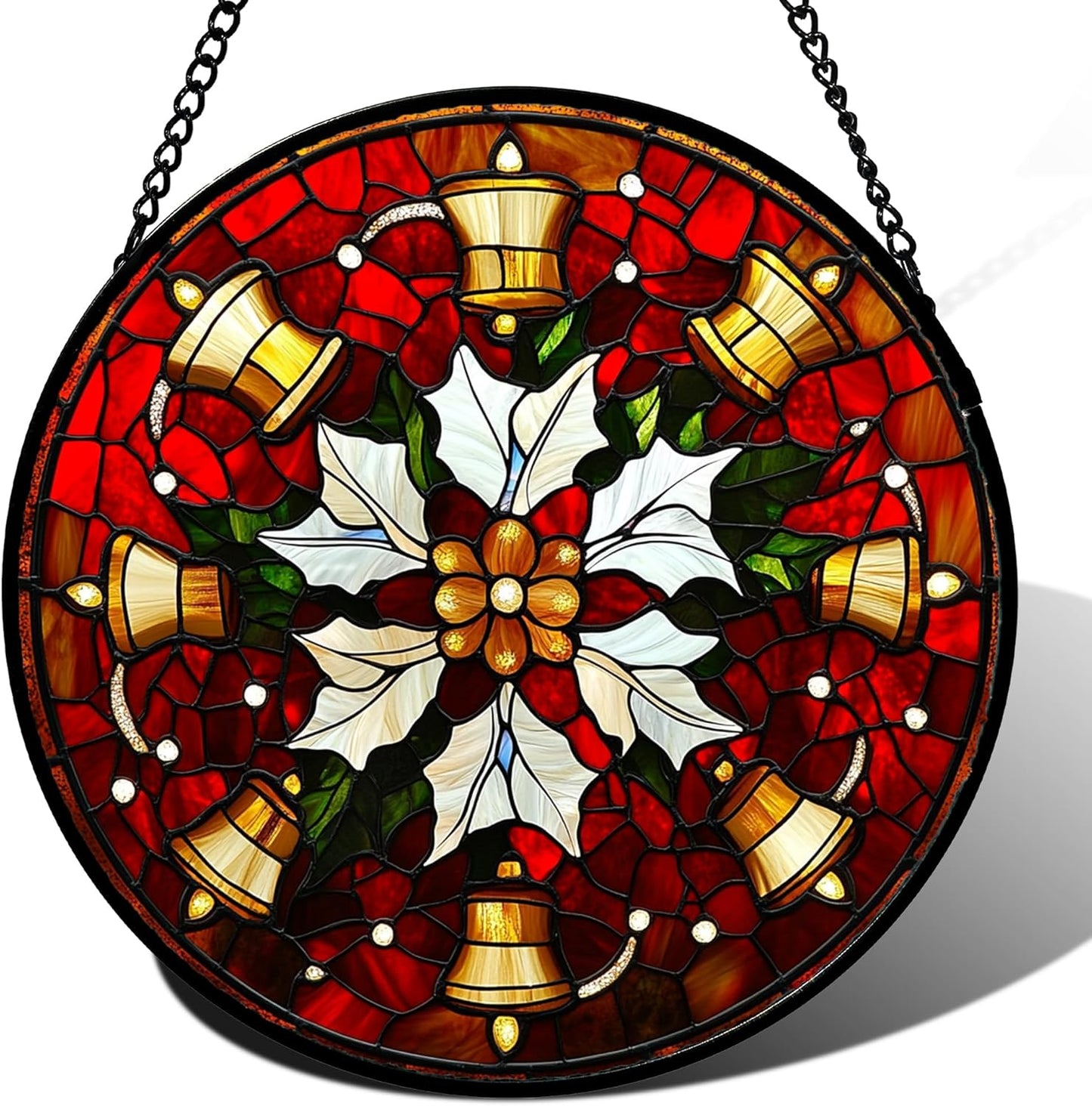 Stained Glass Window Hanging - Golden Bells Flowers Suncatcher for Doors Home Christmas Decoration Winter Sun Catcher Thanksgiving New Year Birthday Gift for Friend Women Men Mom Nana 7.8 in