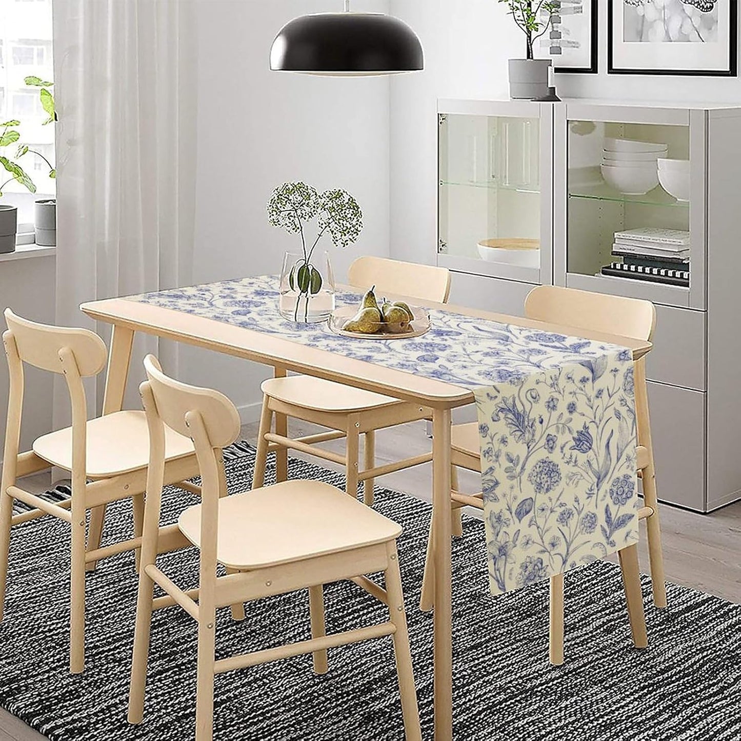 Monochrome Sketch Flowers Table Runner, Seasonal Spring Fall Plants Blue Florals Dinner Runner for Home Kitchen Dining Table Party Holiday Decoration 13"x60"