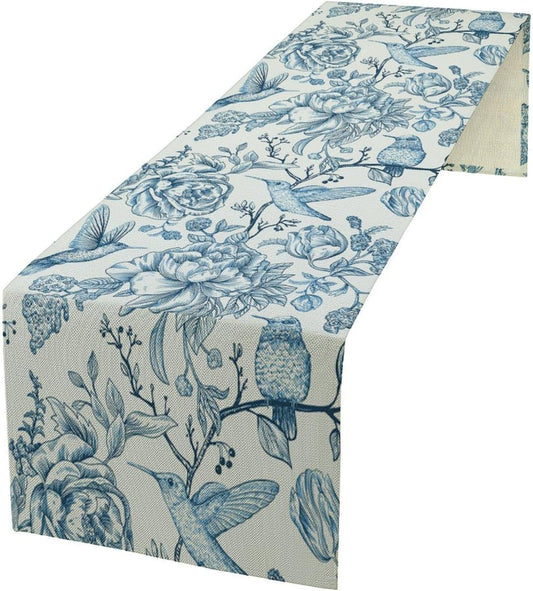 Blue White Table Runner Retro Monochrome Sketch Birds Flower Vintage Floral Kitchen Dining Table Decoration for Home Party Holiday 13"x108"