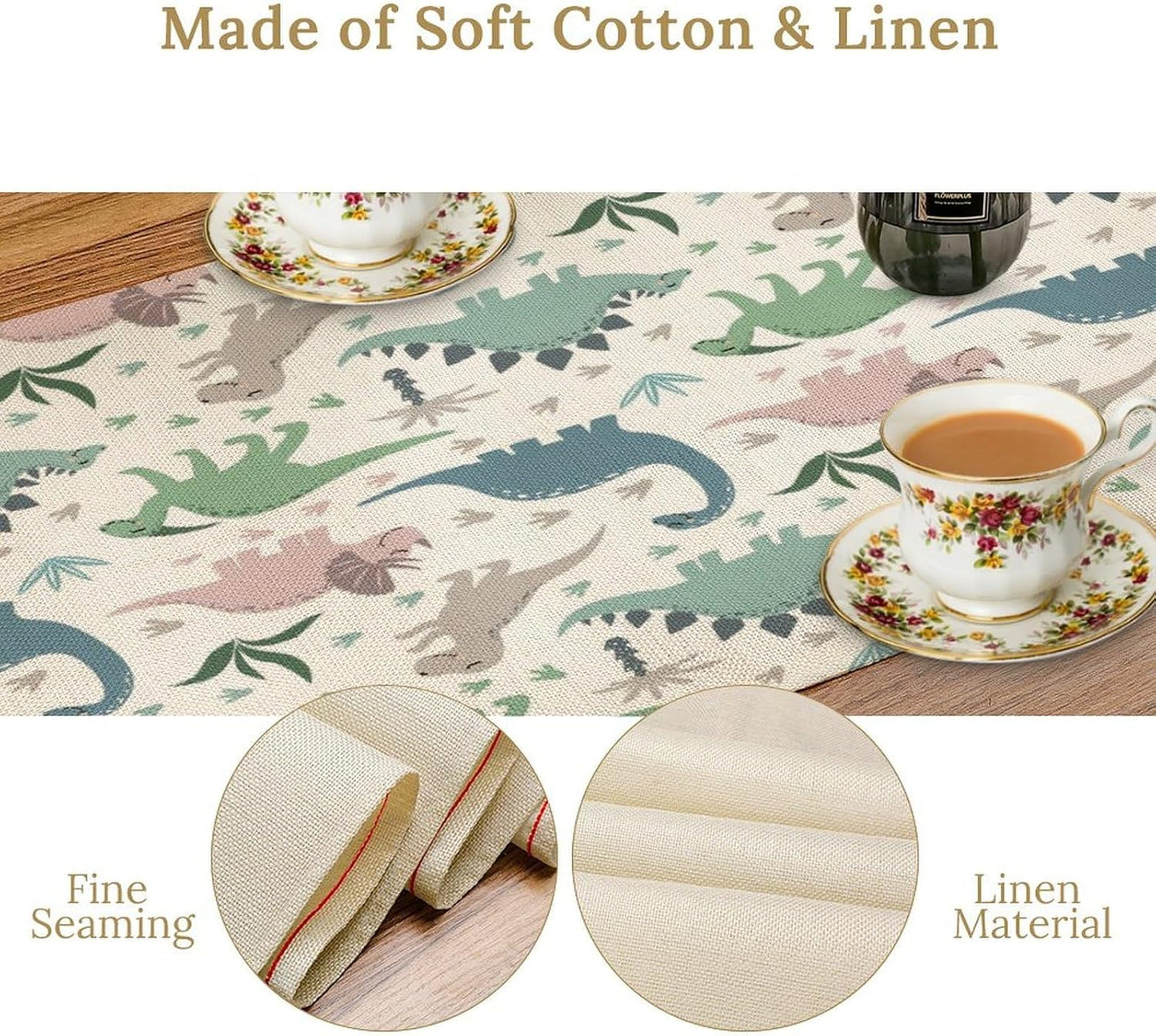 Cartoon Dinosaur Table Runner,Kids Boys Cute Colorful Animal Dino Abstract Print Tablecloth Burlap for Hotel Indoors Outdoor Dining Room Kitchen Holiday Party, 13x36in