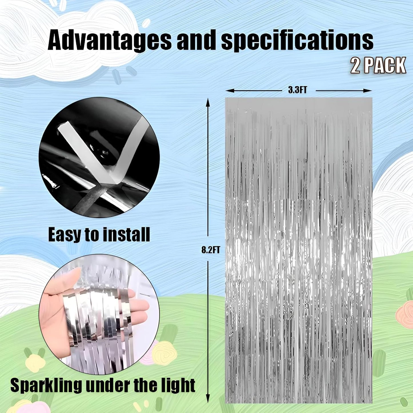 Keyali 2 Pack 3.3 * 8.3 ft Foil Curtain Metallic Tinsel Fringe Curtains Photo Booth Props Backdrop for Birthday Wedding Engagement Baby Shower Christmas Holiday Celebration Partyl,Silvery