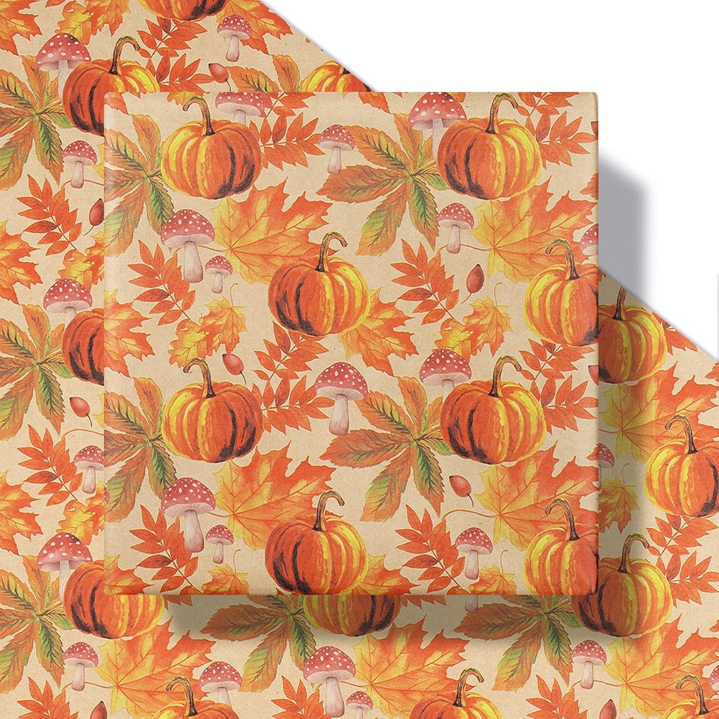 RUSPEPA Fall Wrapping Paper Roll, Mini Roll, Watercolor Pumpkin, Autumn Leaf and Mushroom Design, Autumn Kraft Gift Wrap Paper for Thanksgiving, Fall Party, Harvest, 17 Inches x 16.4 Feet
