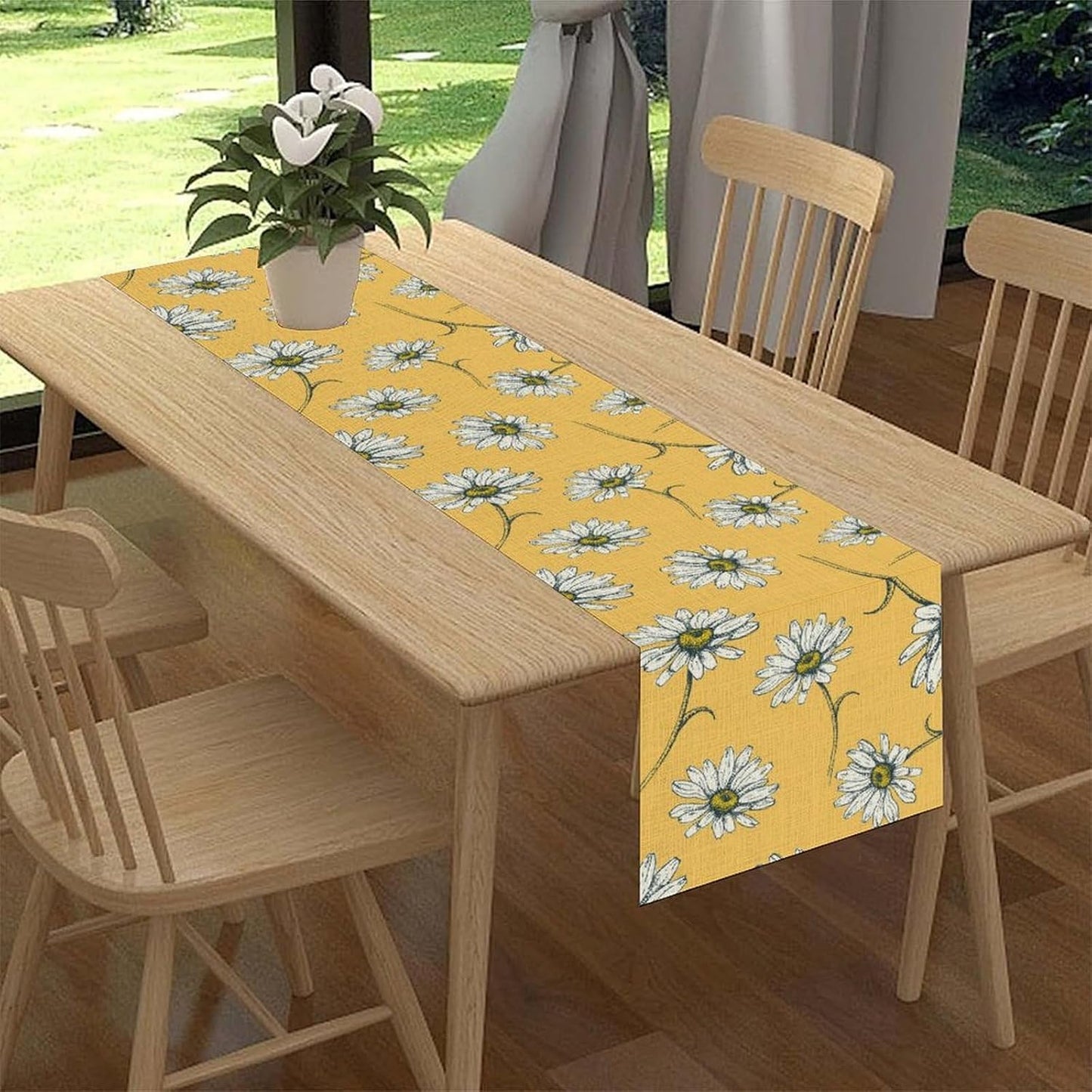 Farmhouse Table Runner, Rustic Wood Plank Spring Daisy Flower Retro Wooden Country Table Center Decor for Home Kitchen Dining Patio Holiday Party Indoor Outdoor Table Decorations, 13"x72" Inch