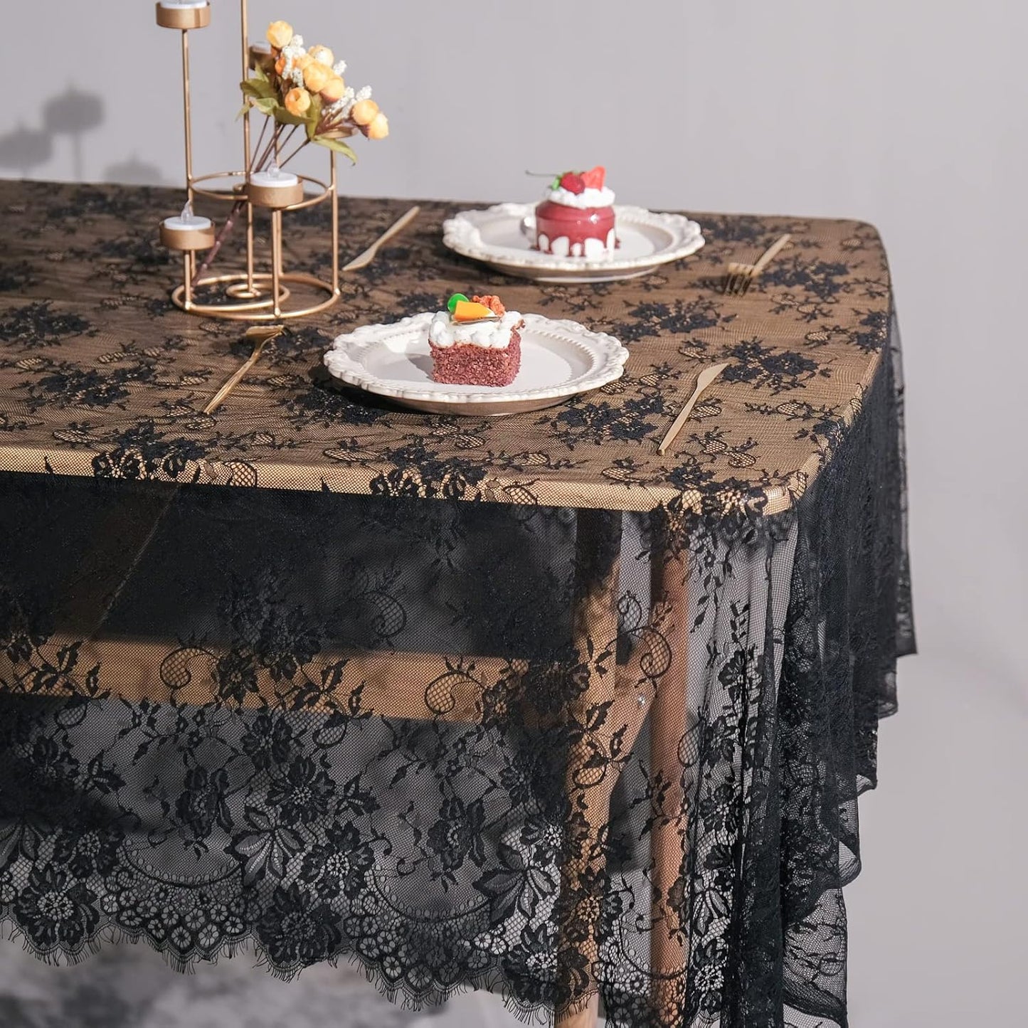 TINWIN Rectangle Lace Tablecloth 60x120 Inch Black Vintage Runner Eyelash Fabric for Kitchen Dining Picnic Table Wedding Decor for Home Decoration Tea Party Decor-4