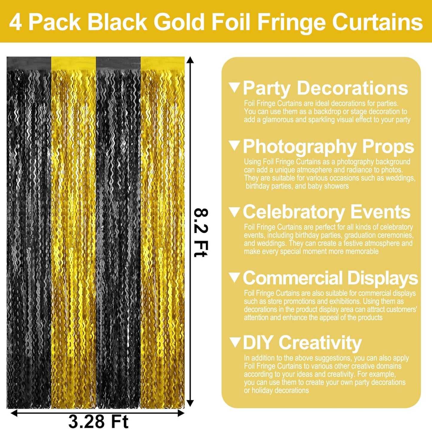 4 Pack Black Gold Wave Foil Fringe Curtain Backdrop, 3.28Ft x 8.2Ft Metallic Tinsel Foil Fringe Streamer Curtains for Photo Booth, Mother's Day, Easter, Birthday, Wedding Party Decoration