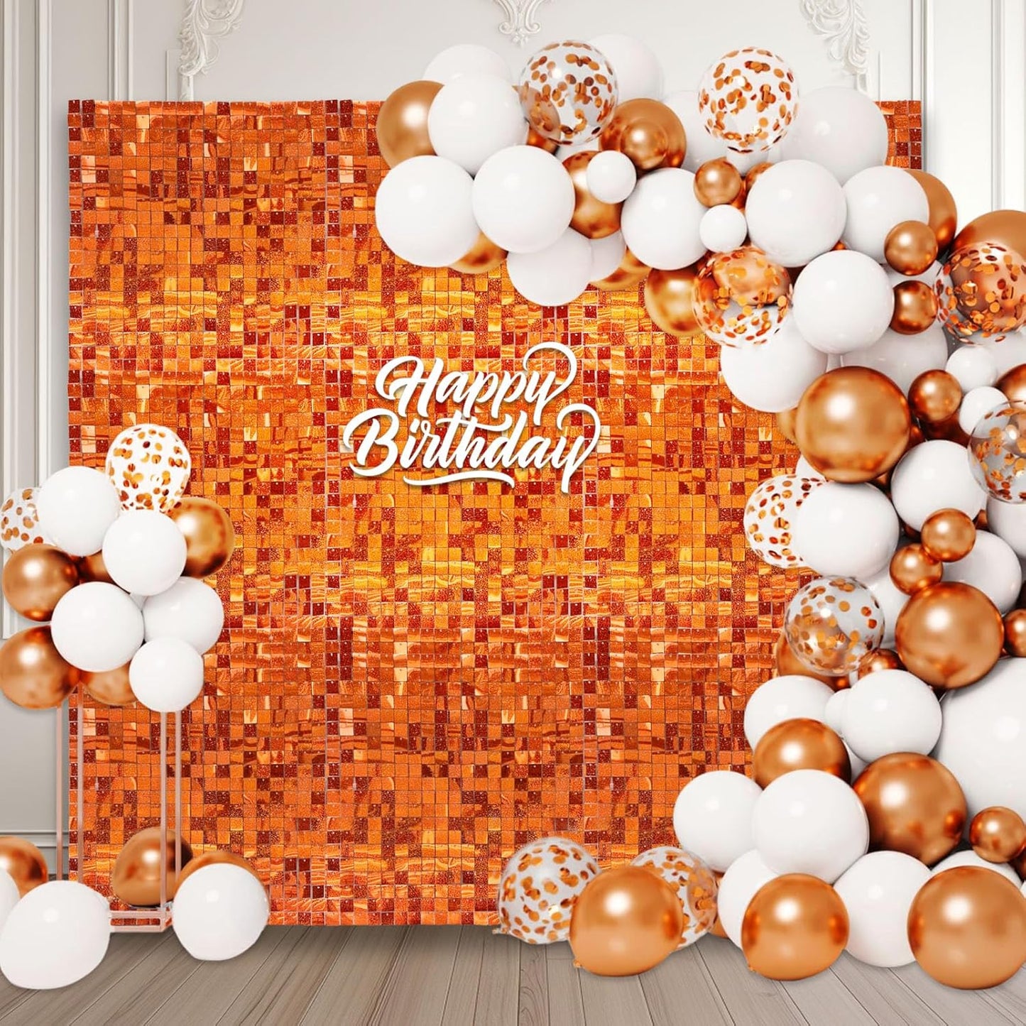 12PCS Orange Shimmer Wall Backdrop, Laser Square Sequin Photo Backdrops Panel, Glitter Wall Background for Birthdays, Weddings, Halloween, Engagements, Disco Bachelorette Party Decoration (3FTx4FT)