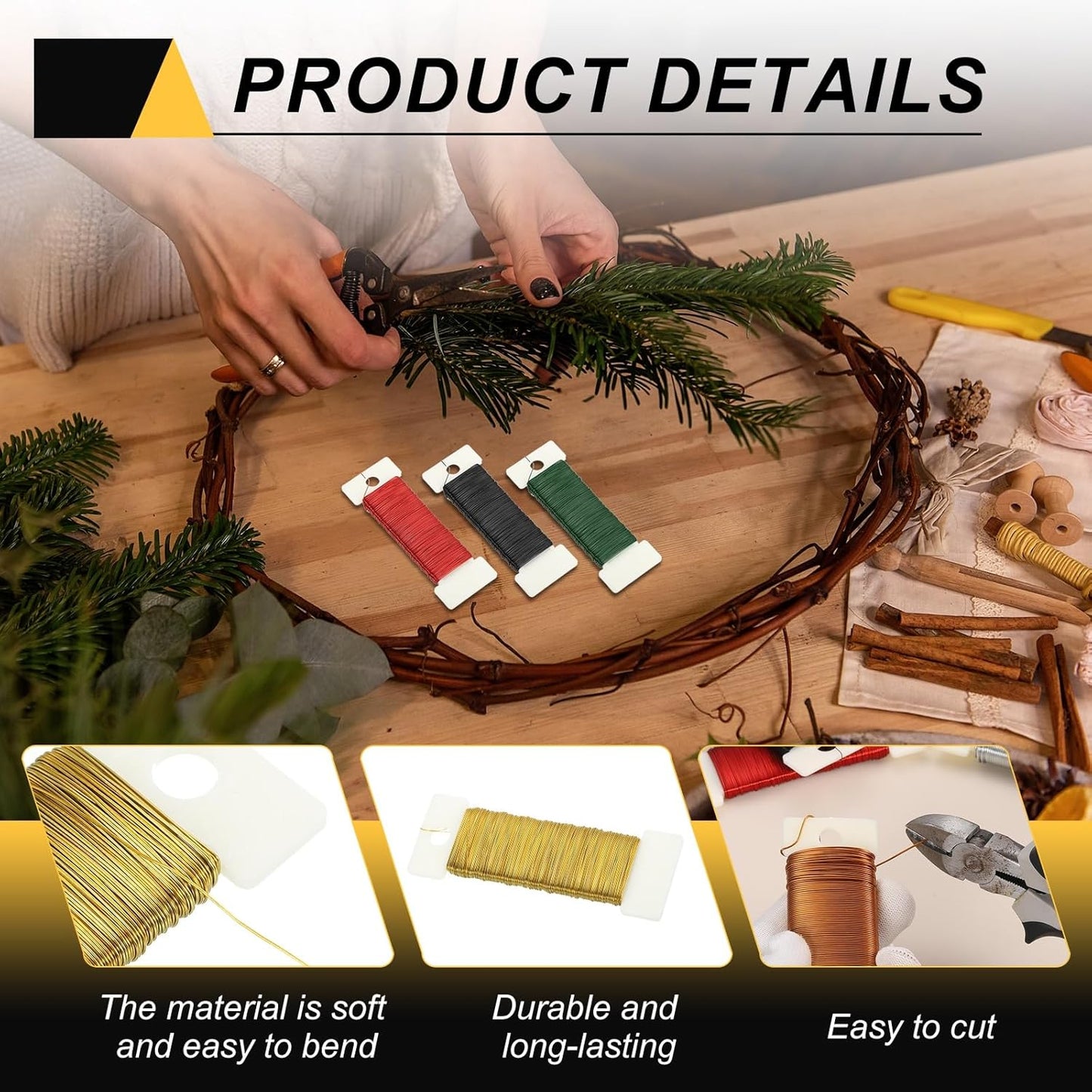 MECCANIXITY 190 Yards/575 Feet 27 Gauge Metal Floral Wire Gold Tone Flexible Paddle Thin Floral Wires for Craft, Christmas Wreath, Flower Arrangement, Wedding, Total 5 Roll