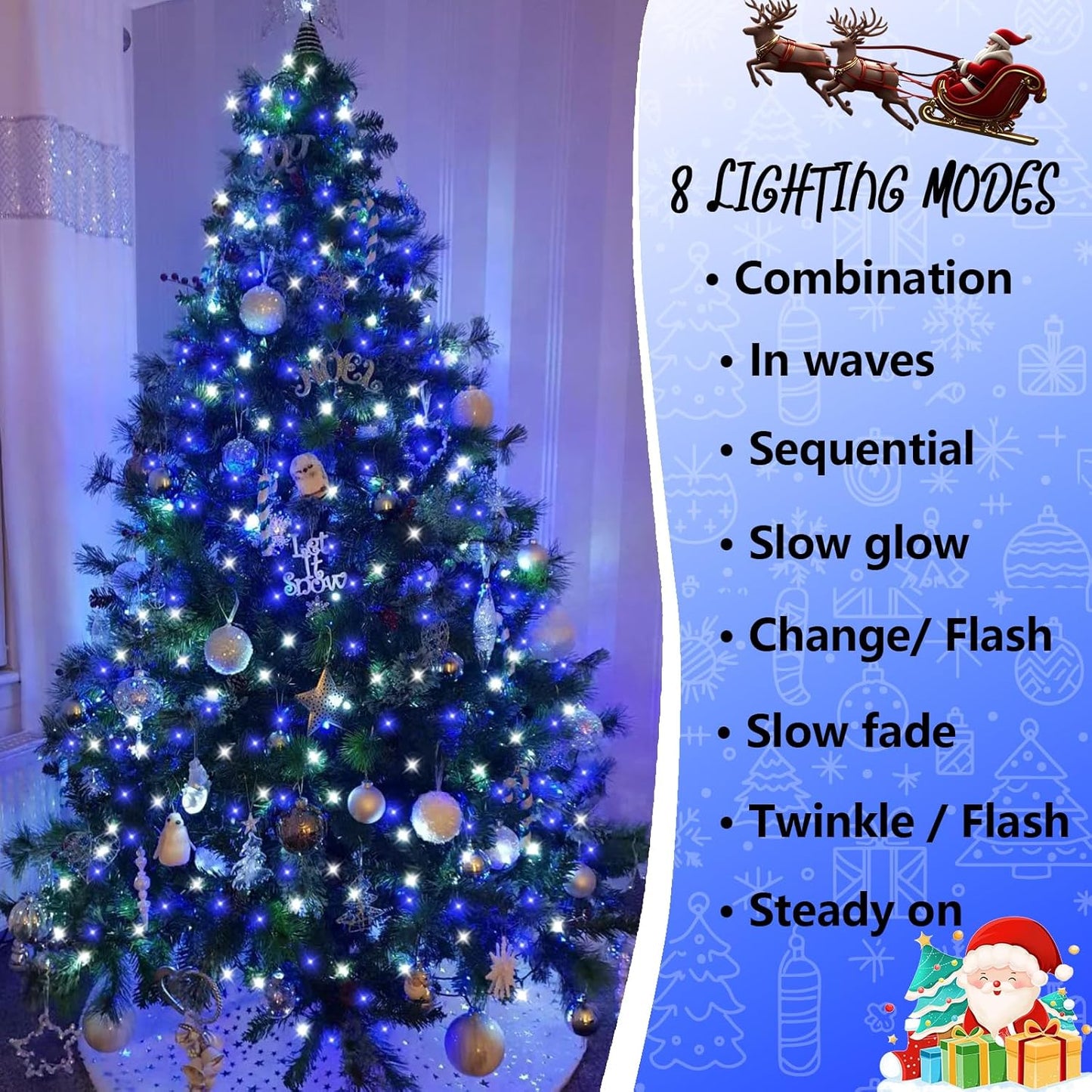 YEGUO 66ft 200 LED Christmas Lights Outdoor Waterproof, White and Blue String Light Indoor, Green Wire Twinkle Tree Light Plug in with Timer Memory 8 Modes