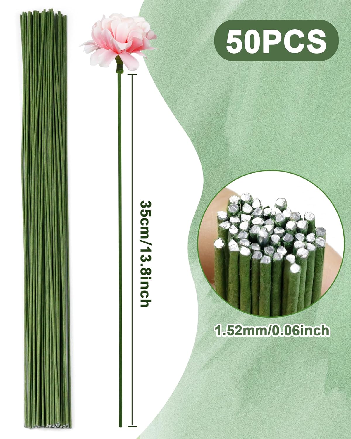 50 PCS FIVEIZERO 16 Gauge Green Floral Wire Stems for Artificial Flower Making,Florist Wire,Flower Wires for Crafts,Alambre para Flores for Wreaths, Flower Arrangements and DIY Projects