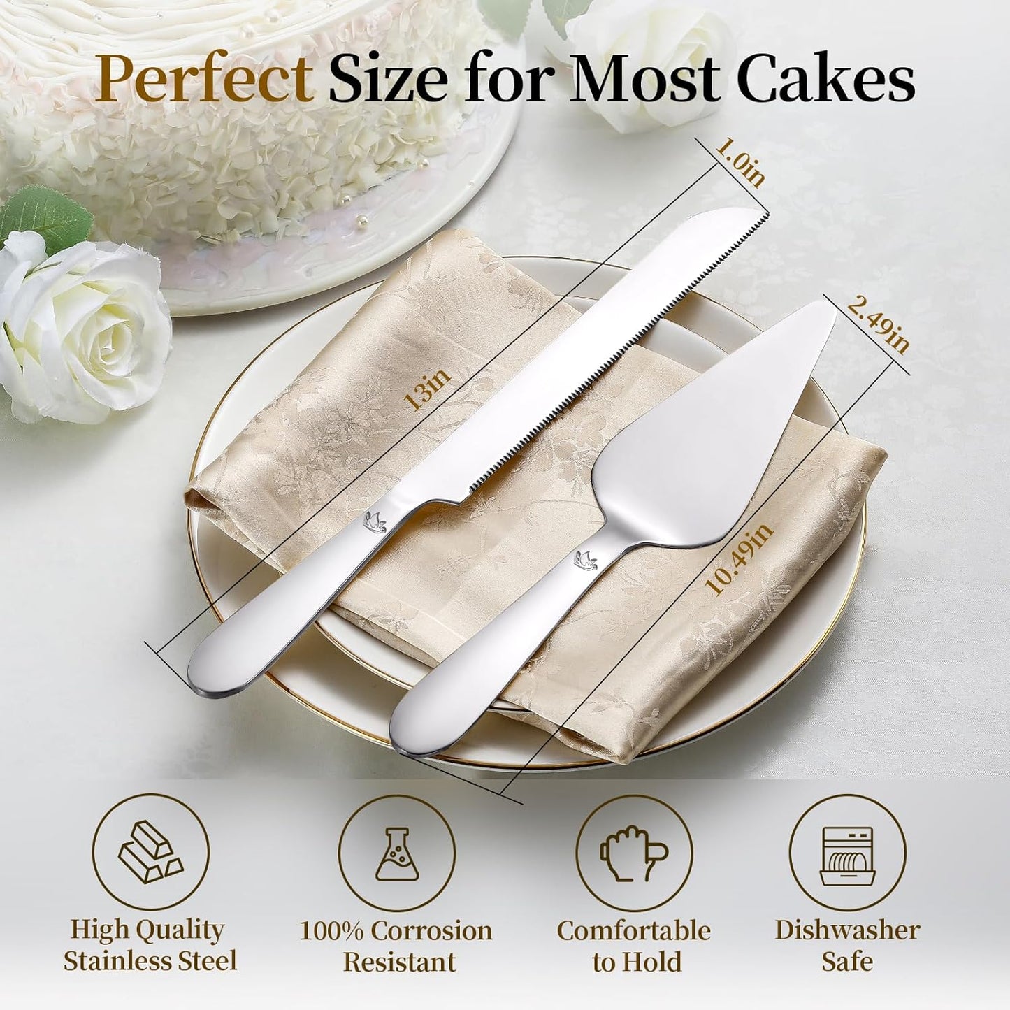 Cake Cutting Set for Wedding - Extended Cake Knife and Server Set Thickened Stainless Steel 13.0" Cake Cutter 10.49" Pie Spatula Great for Birthday Anniversary Christmas Gift 2 Pcs Silver