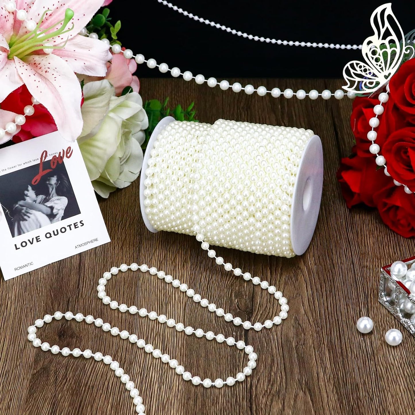 99 Feet 6mm Pearl Strings Garland for Crafts, Artificial Pearl Beaded Trim Chain Roll Strands for Wedding Centerpieces Bouquet Party Decoration Christmas Tree Garland, Ivory