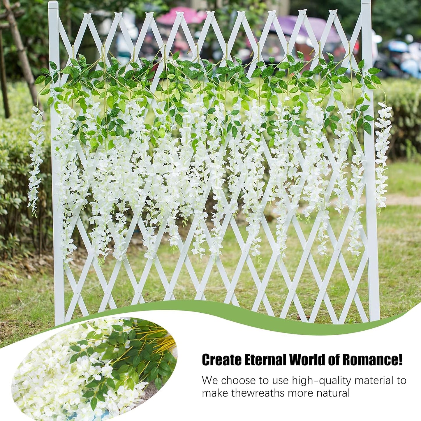 24 Pack Green White Wisteria Hanging Flowers, 3.4 Ft Fake Hanging Flowers, Artificial Wisteria Garland Vines for Wedding Room Backdrop Outdoor Patio Garden Decoration