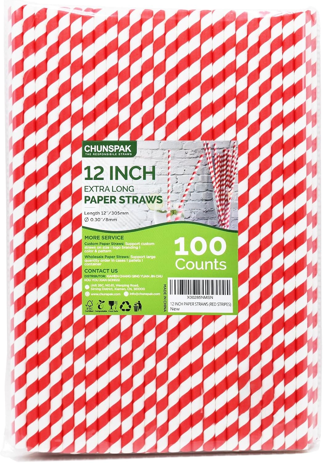 12 Inch Extra Long Large Paper Drinking Straws 8mm Wide - For Smoothies, Shakes, Tall Drinks, 40oz Tumblers - Red Stripe, 100 Count - 100% Biodegradable