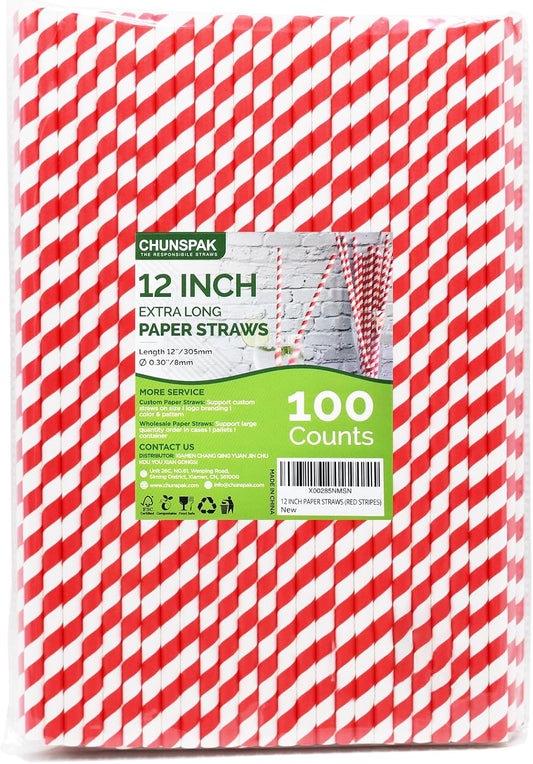 12 Inch Extra Long Large Paper Drinking Straws 8mm Wide - For Smoothies, Shakes, Tall Drinks, 40oz Tumblers - Red Stripe, 100 Count - 100% Biodegradable