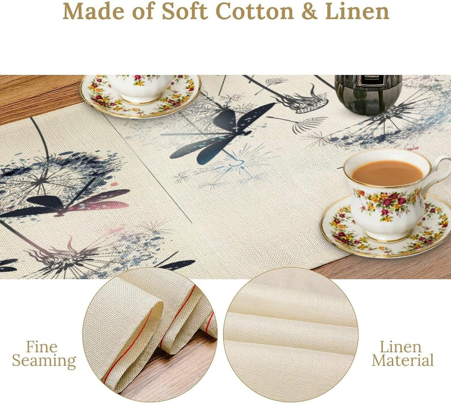 Dandelion Table Runner,Nature Rustic Dragonfly Teal Blue Floral Pattern Print Burlap Tablecloth for Hotel Indoors Outdoor Dining Room Kitchen Table Decor, 13x60in