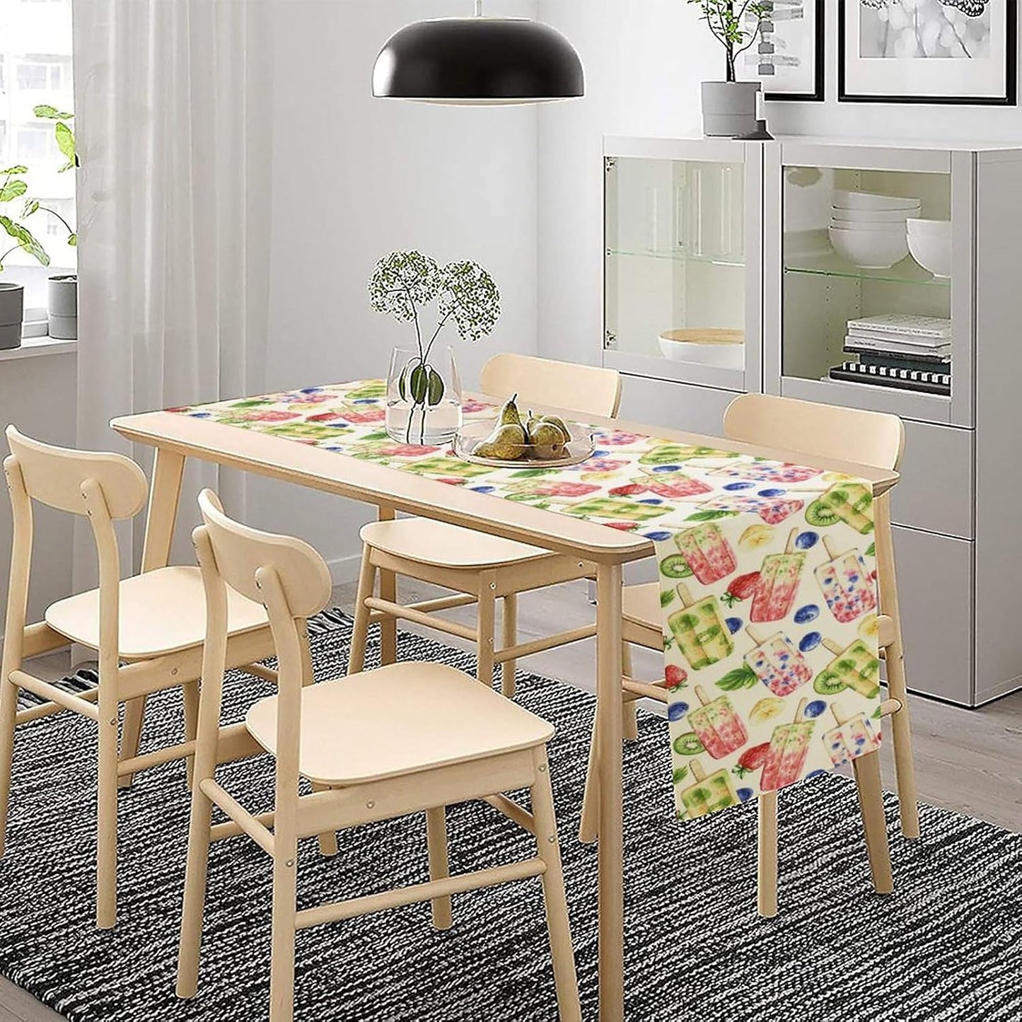 Ice Cream Table Runner, Watercolor Fruit Ice Popsicles Berry Kiwi Cold Summer Desserts Seasonal Dinner Runner for Party Holiday Home Kitchen Dining Table Decor 13"x70"