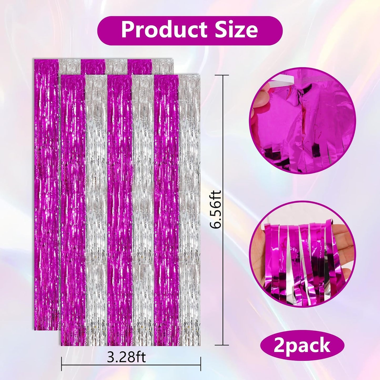 BEISHIDA Hot Pink Silver Door Streamers Backdrop Foil Fringe Tinsel Party Streamers Curtains Photo Backdrop - 2Pcs for Birthday Graduation Bachelorette Party Decoations