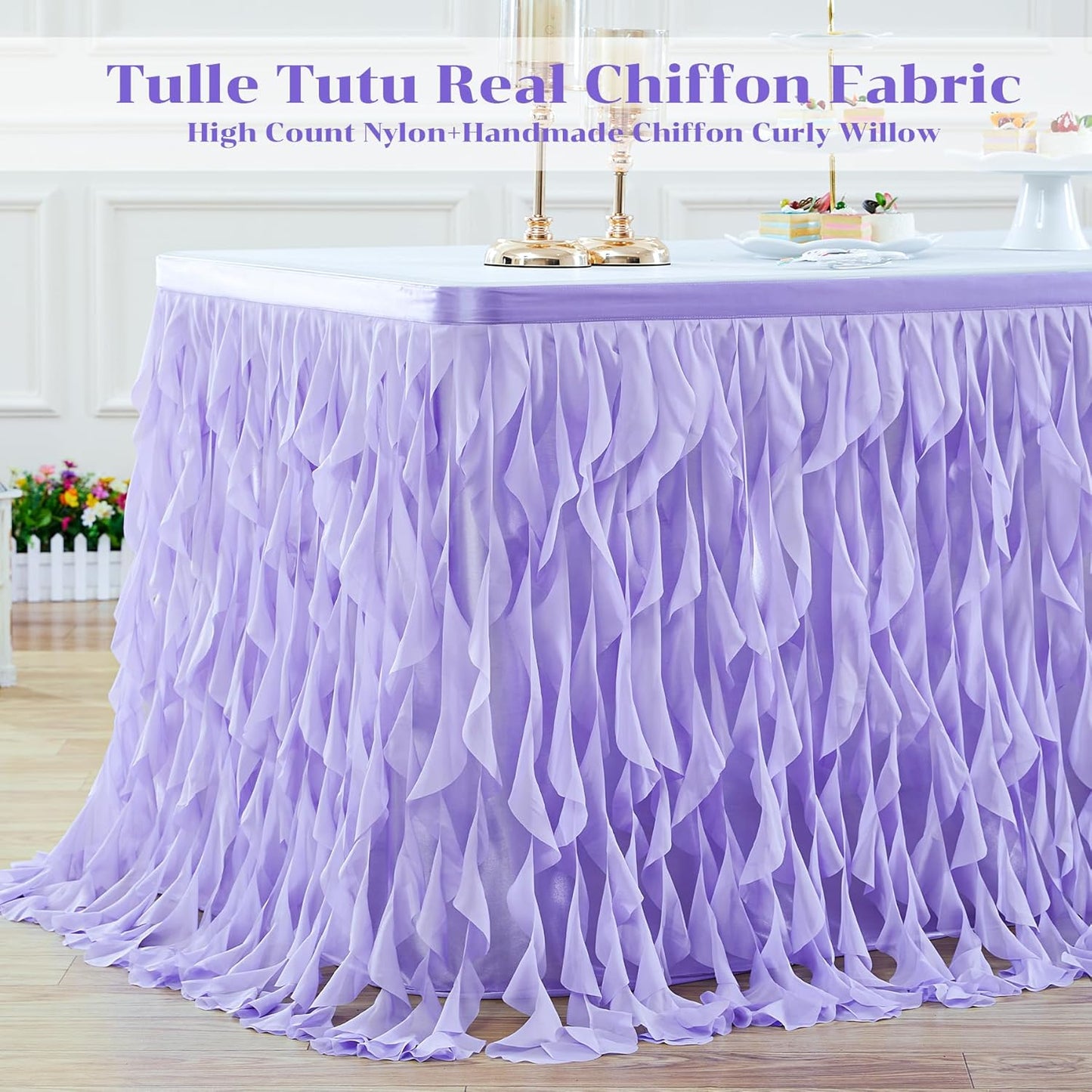PARTISKY Lavender Purple Tulle Curly Willow Table Skirt for Rectangle Table 17ft, Ruffle Tutu Table Cloth for Girls Boys Baby Shower,Mermaid Birthday Party