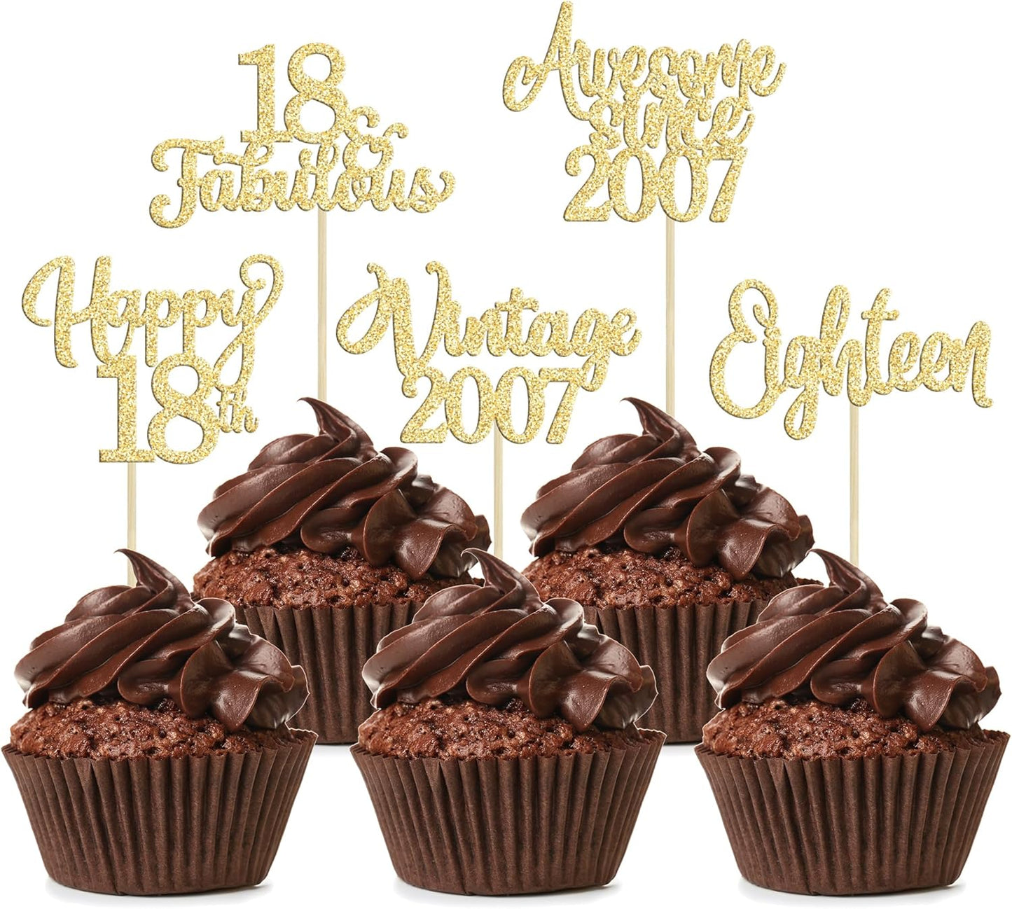 30Pcs Vintage 2007 Cupcake Toppers Glitter Eighteen Happy 18th Birthday 18 Fabulous Cupcake Picks Cheers to 18 Years for 18th Birthday Wedding Anniversary Party Cake Decorations Supplies Gold