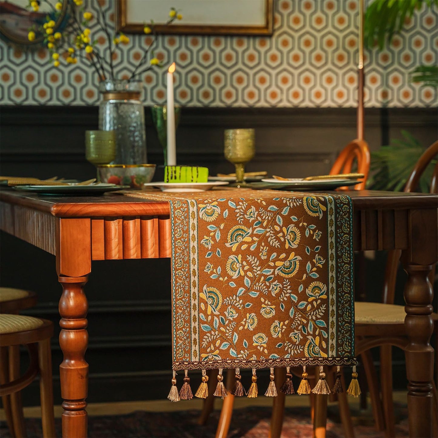 13×72 Inch Table Runner, Retro-Luxury Tassels Series for Kitchen Dining Table Holiday Decoration (Coffee Branch)