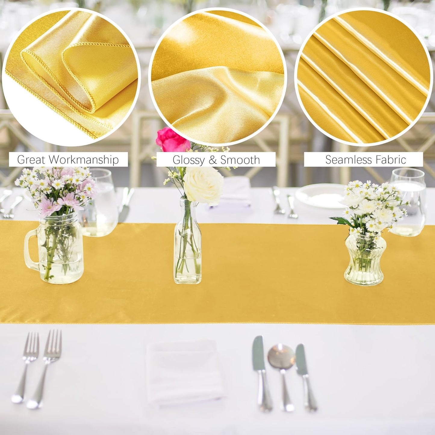 Aneco 12 Pack Satin Table Runner 12 x 108 Inch Gold Long Wedding Satin Silk Table Runner for Wedding Banquet Graduations Birthday Party Decoration