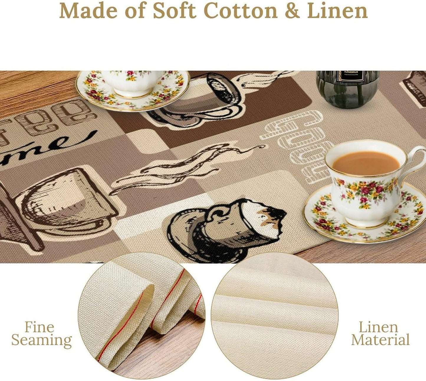 Coffee Table Runner,Vintage Style Coffee Cup Bean Abstract Theme Pattern Print Tablecloth Burlap for Hotel Indoors Outdoor Dining Room Kitchen Table Decor, 13x70in