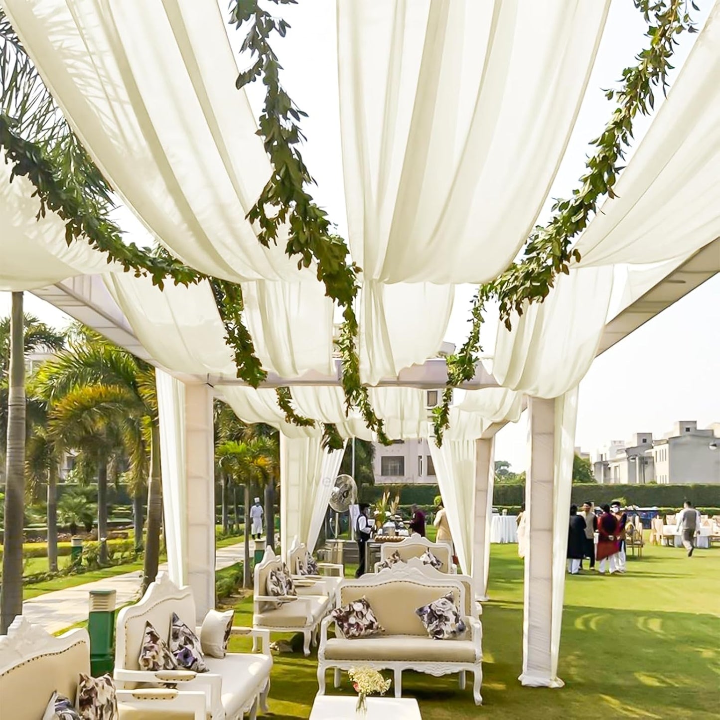 4 Panels Ivory Ceiling Drapes for Wedding 5ftx40ft Sheer Drapery Chiffon Fabric Arch Draping Curtains for Party Ceremony Birthday Baby Shower Reception Stage Ceiling Decorations