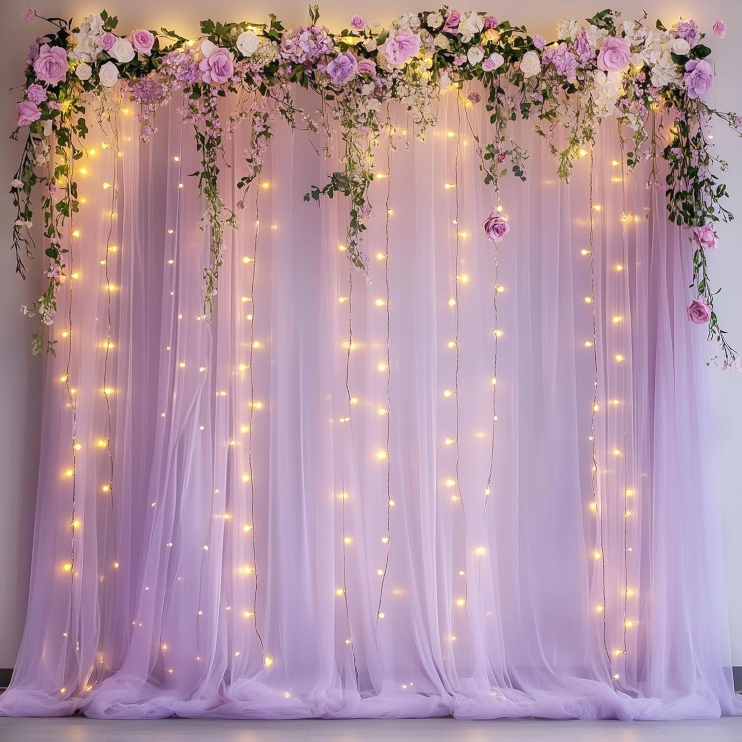 Tulle Backdrop Curtain with Lights String 10FT X 10FT Lavender Sheer Tulle Backdrop Curtains for Wedding Birthday Party Reception Photo Booth Background Decorations (2 Panels 5x10FT)