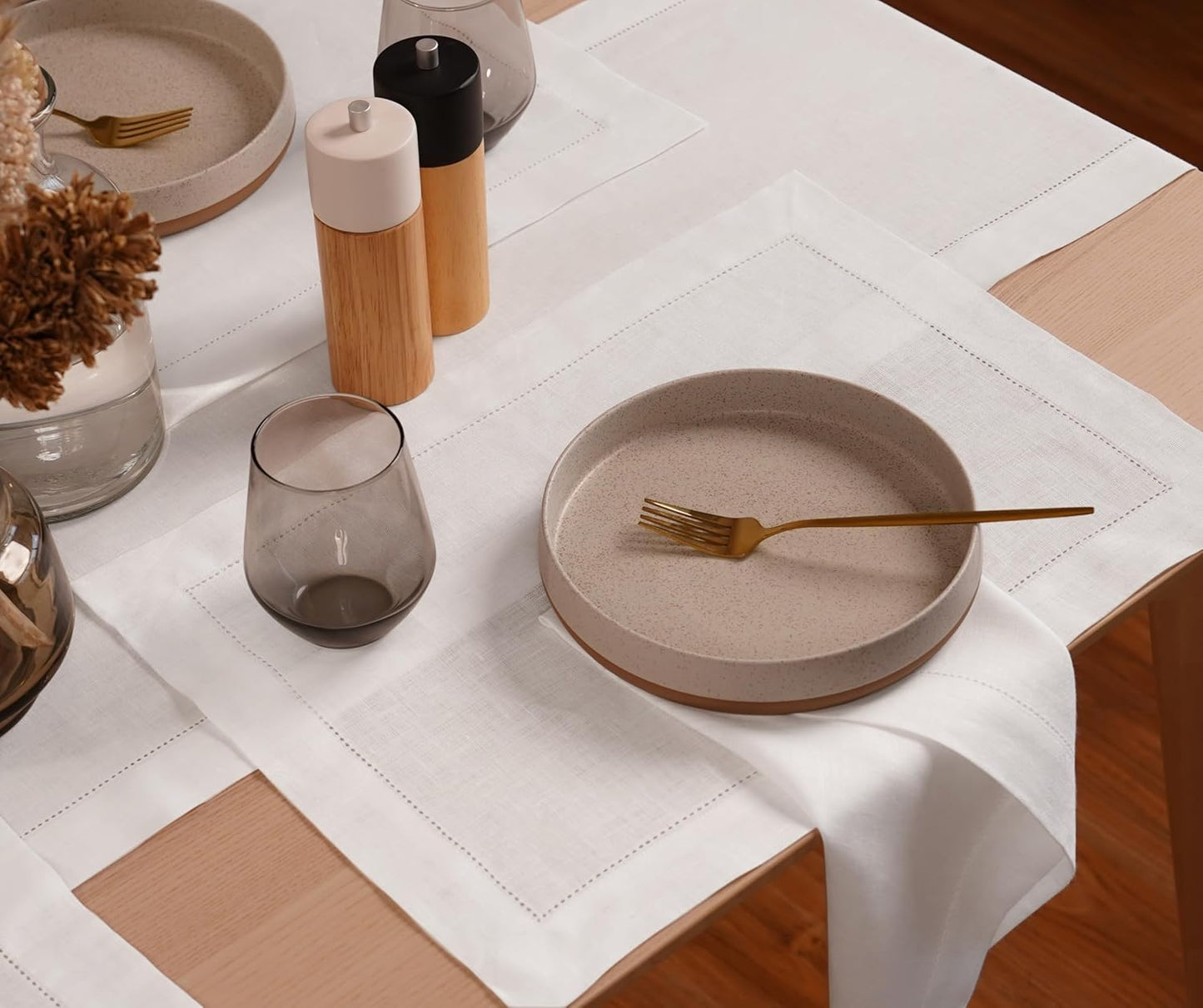 100% Pure Linen White Placemats 14 x 19 Inch - Hemstitch Christmas Placemats Set of 4 - Cloth Fabric Placemats for Thanksgiving, Winter, New Year - Elara