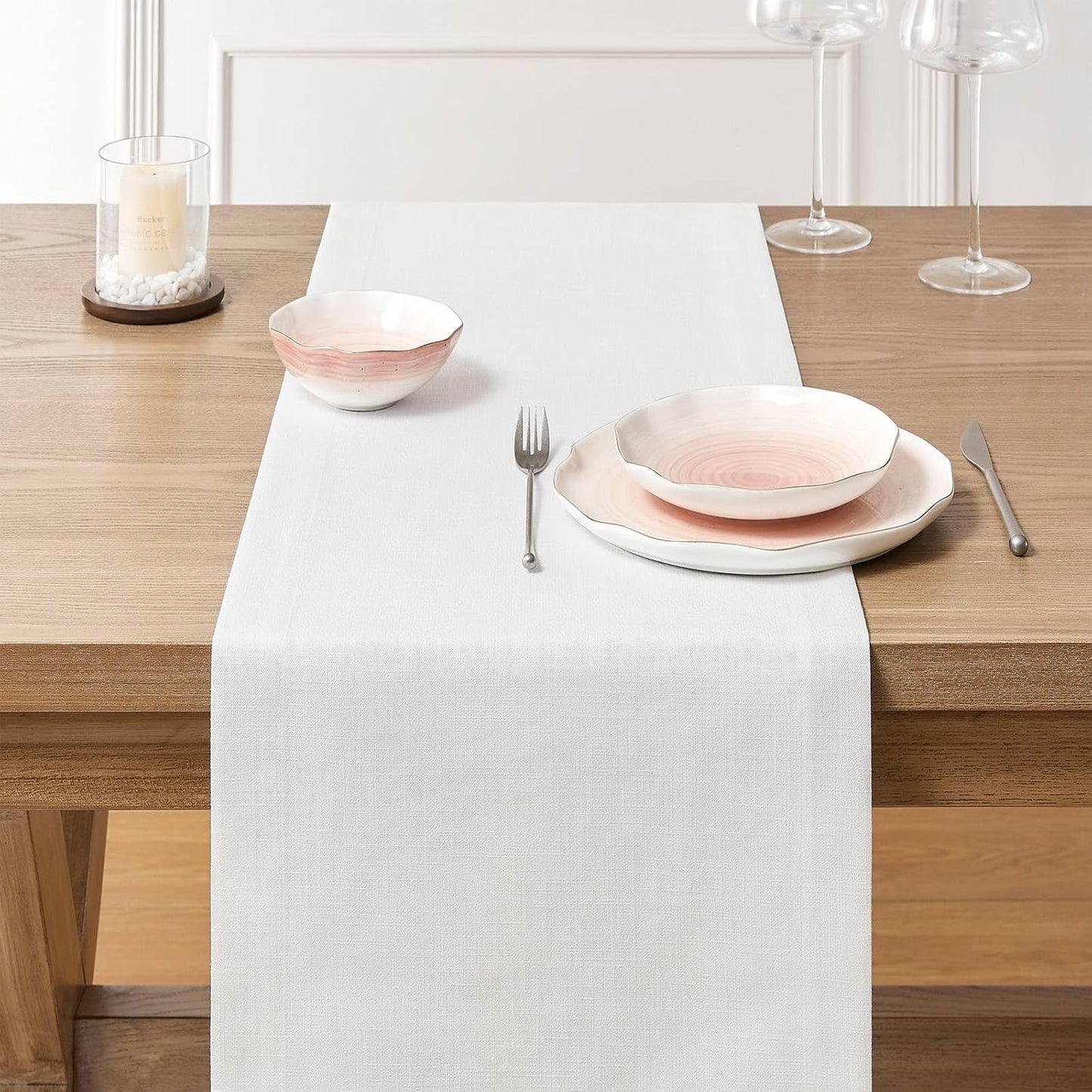 ZeeMart Linen Textured Border Table Runner, 14 x 90 Inch White, Farmhouse Style White Table Runners 90 Inches Long, Easy Care Everyday Polyester Table Runner