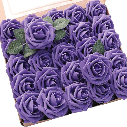 Floroom Artificial Flowers 25pcs Real Looking Violet Purple Foam Fake Roses with Stems for DIY Wedding Bouquets Bridal Shower Centerpieces Floral Arrangements Party Tables Home Decorations