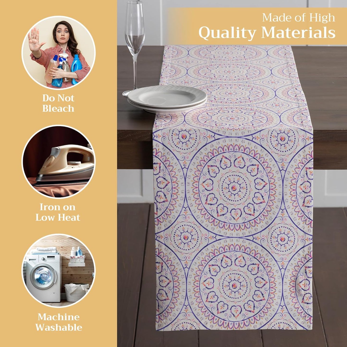 Maison d' Hermine Table Runner 100% Cotton Single Layer Table Runners 108 inches Long Decorative for Home Kitchen Dining Party Baby Shower Wedding Bridal Shower Spring Summer (Mandala, 14.50" x 108")