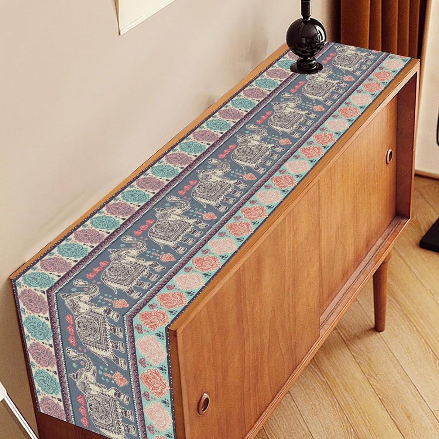 Boho Table Runner, Indian Bohemian Elephant Mandala Paisley Floral Hippie Art Print Table Center Decor for Home Kitchen Dining Patio Holiday Party Indoor Outdoor Table Decorations, 13"x108" Inch