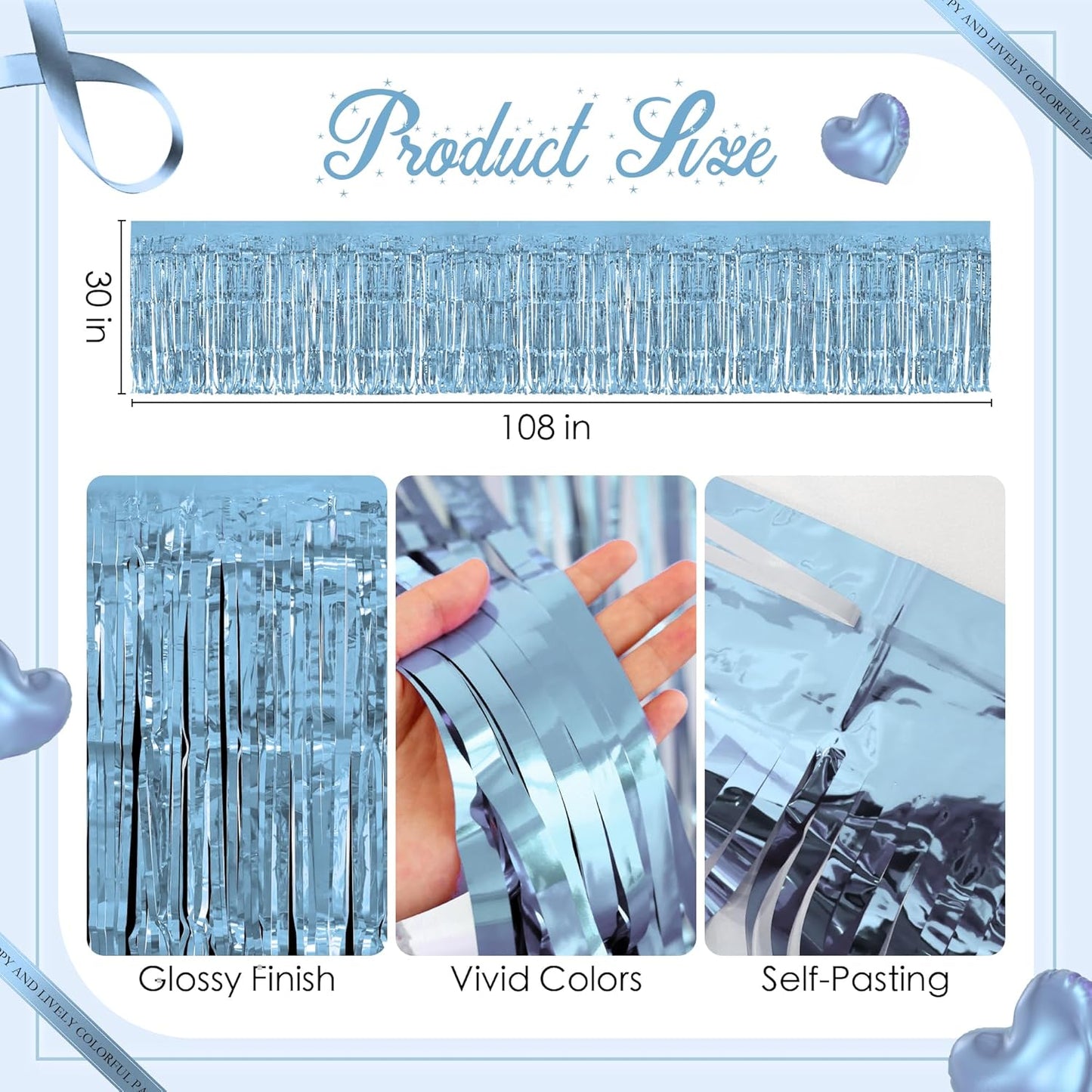 1 Pack Light Blue Table Skirts, 29x108" Metallic Foil Tinsel Fringe Table Skirts for Rectangle Tables Streamer Curtains Backdrop, Party Decorations for Birthdays Weddings Holidays