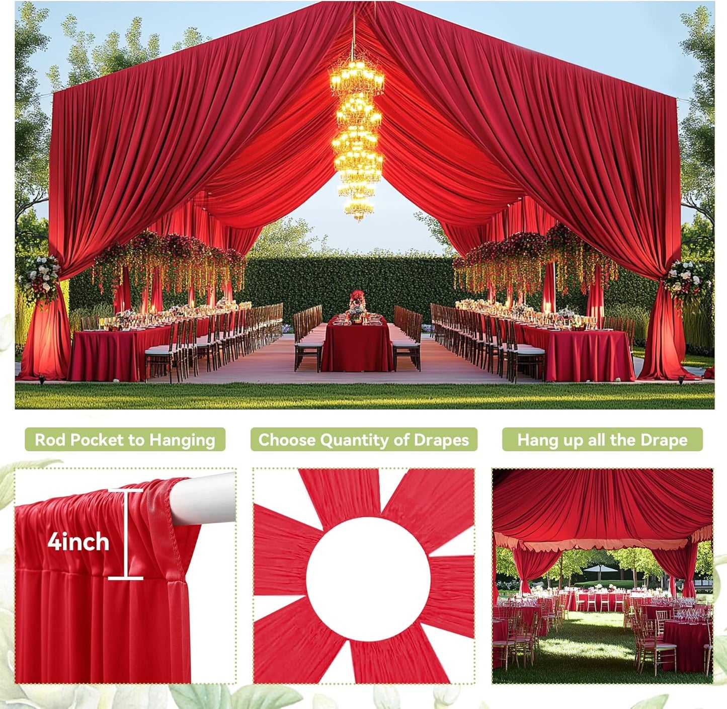 PartyVillage 10ftx40ft Red Ceiling Curtain for Wedding Parties – 2 Panels Wrinkle-Free 40 FT Long Tent Draping Curtains for Wedding, Birthday & Theme Parties, 40ft Height with Rod Pocket
