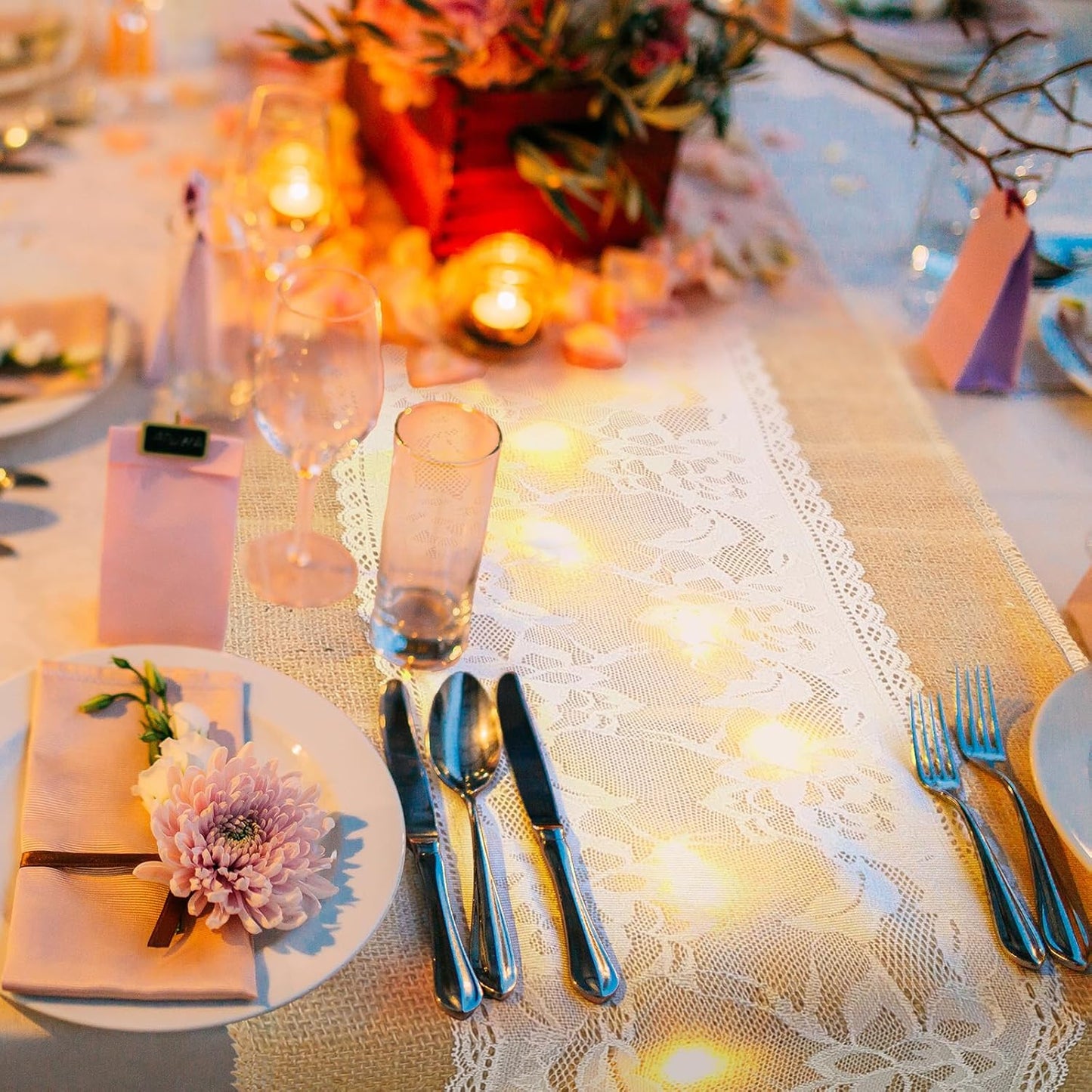 Xinnun 6 Pack Burlap Table Runner with LED String Lights, Modern Rustic Lace Natural Vintage Boho Jute Wedding Table Decor for Farmhouse Thanksgiving Christmas(Christmas Trim,12x70 Inches)