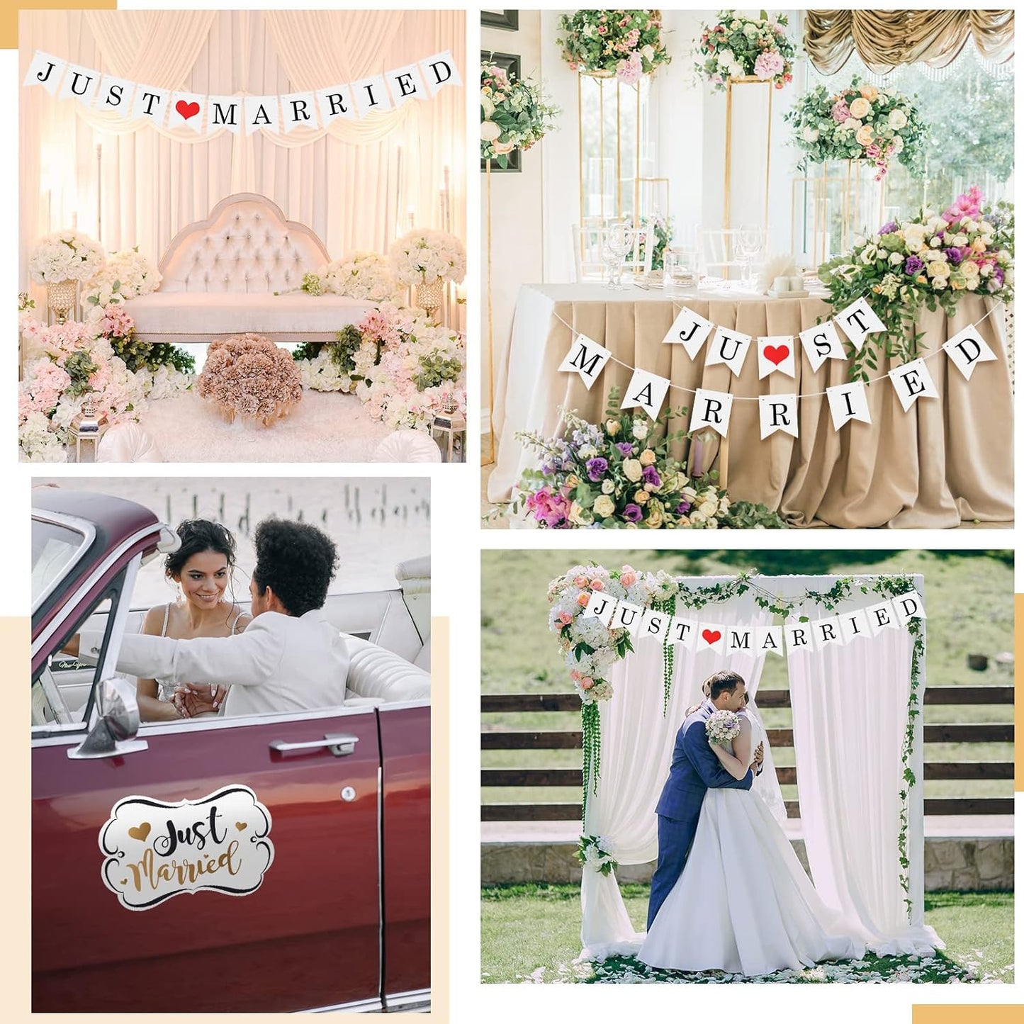 Tallew 4 Sets Just Married Car Decorations Ornate Magnets 12 x 7.5, Wedding Day Car Window Decals 5.1 x 22.4, Just Married Sign Banner Decorations for Honeymoon Wedding