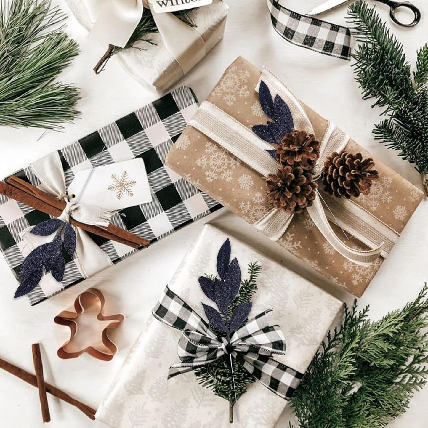 GREENTIME 12 Pack Artificial Black Glitter Leaves 13" Fake Decorative Glitter Sticks for Vase Christmas Tree DIY Wreath Crafts Fireplace Halloween Decor