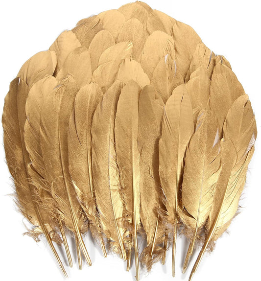 THARAHT 120pcs Gold Goose Feathers Natural Bulk 6-8 inch 15-20cm for Crafts DIY Cosplay Wedding Party Halloween Decoration Goose Nagoire Feathers