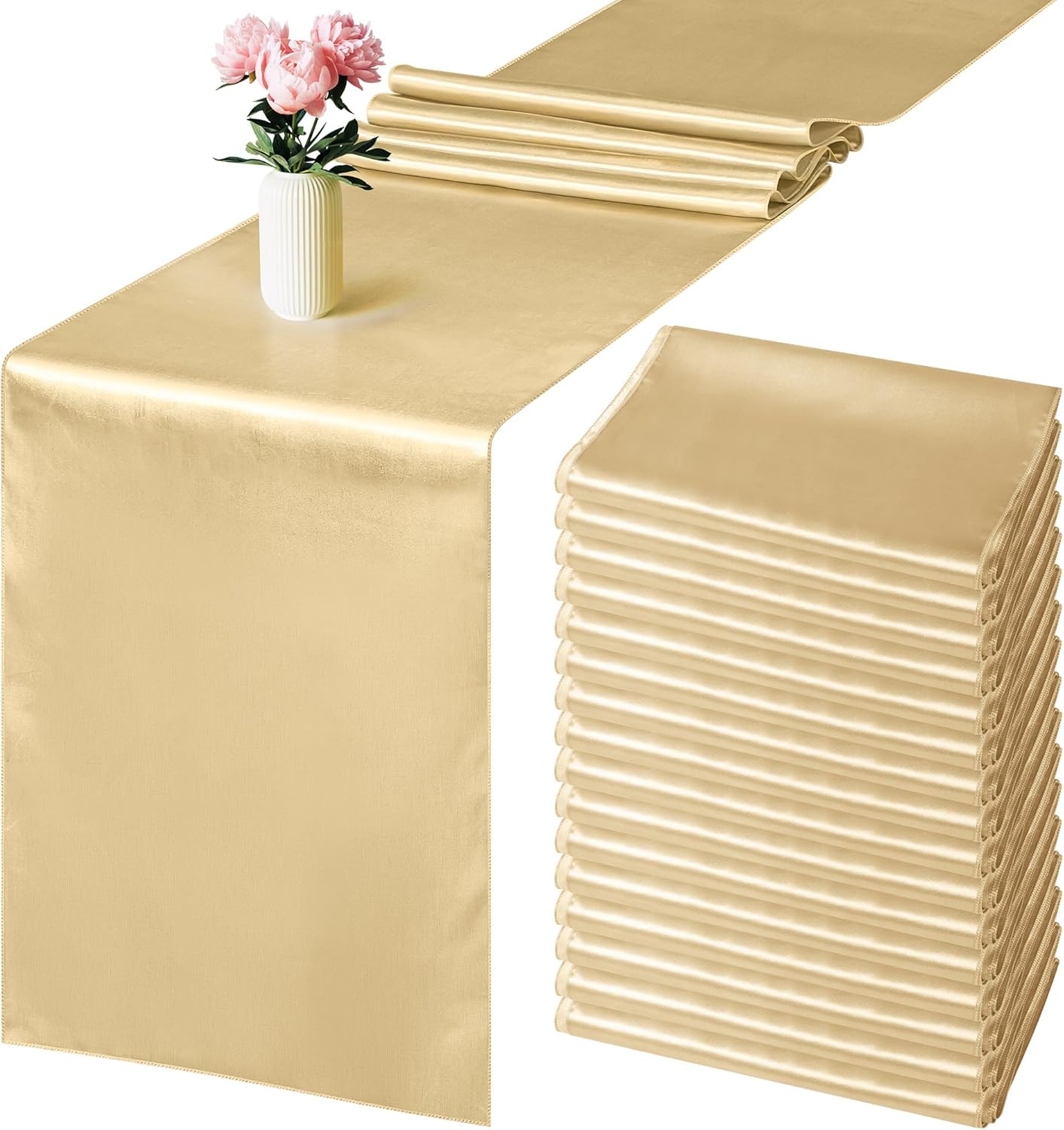 Aneco 16 Pack Satin Table Runner 12 x 108 Inch Champagne Long Wedding Satin Silk Table Runner for Wedding Banquet Graduations Birthday Party Decoration