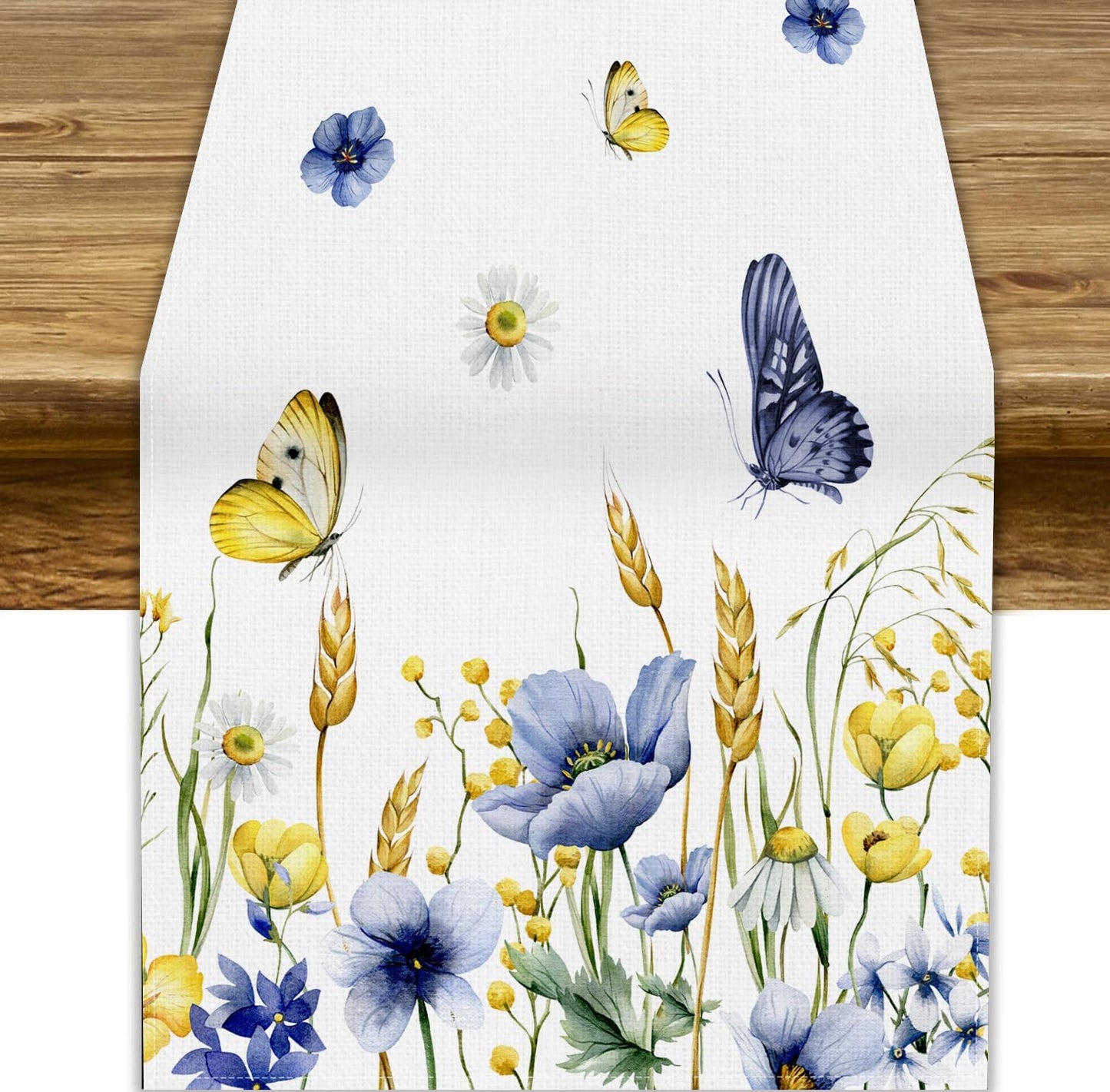Floral Table Runner, Spring Watercolor Flower Plants Nature Butterfly Table Runner for Kitchen Dinner Living Room Home Party, 13x36 Inch
