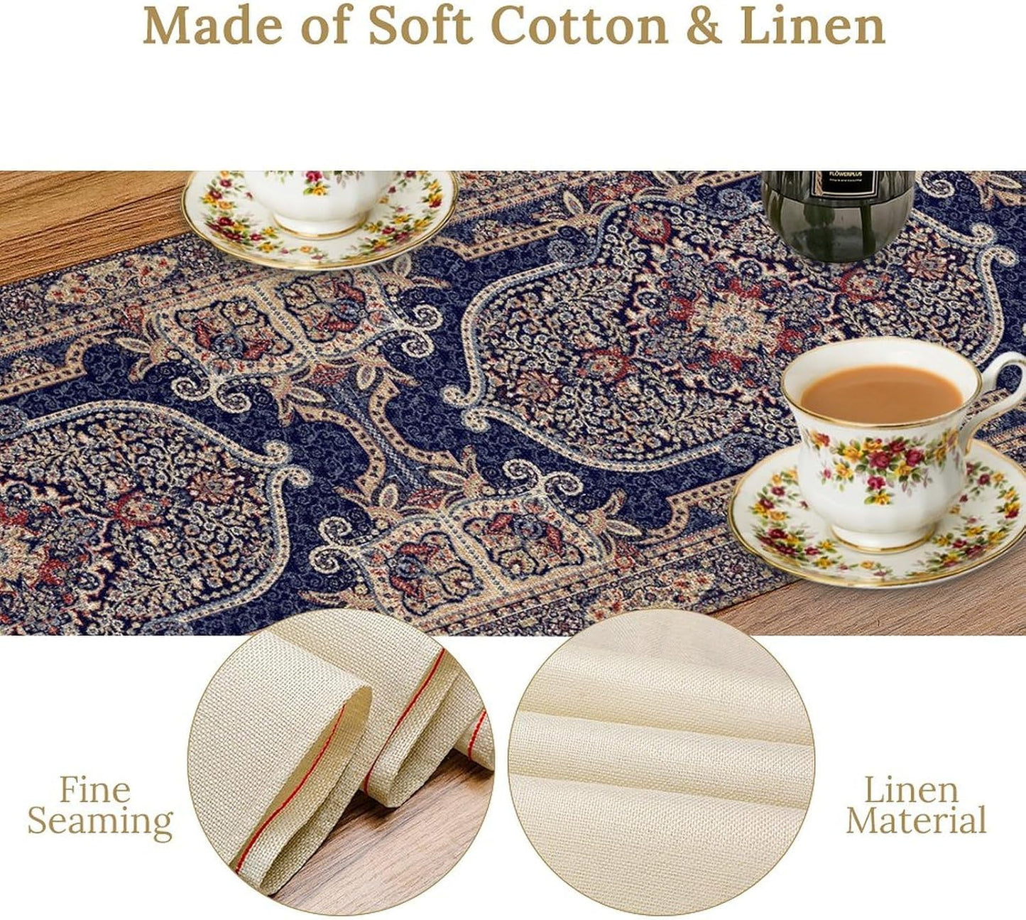 Boho Floral Vintage Table Runner, Blue Purple Retro Flower Rustic Country Farmhouse Pattern for Home Kitchen Table Decor Dining Coffee Room Party Decor 13x60in