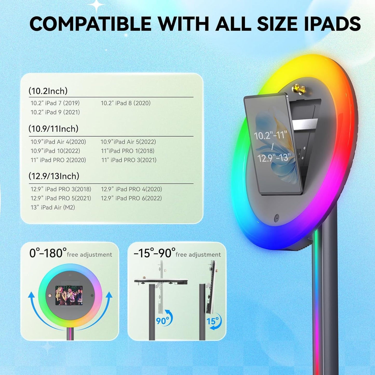 Portable Photo Booth Stand for iPads with Cyratok APP/Voice Control and RGB Fill Light Lightweight Aluminum Alloy Photobooth Machine Perfect for Parties,Wedding and Events(Black)