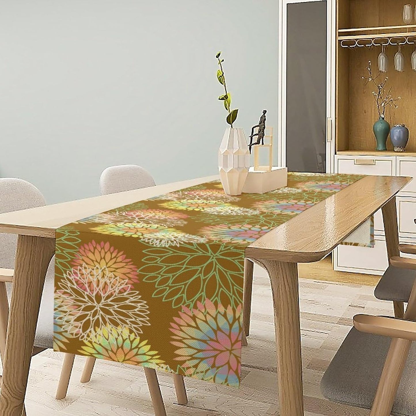 Brown Grey Dahlia Flower Table Runner, Linen Geometric Pattern Floral Table Decor Spring Farmhouse Decorations for Kitchen Dining Holiday Party Decor, 13x36 Inch