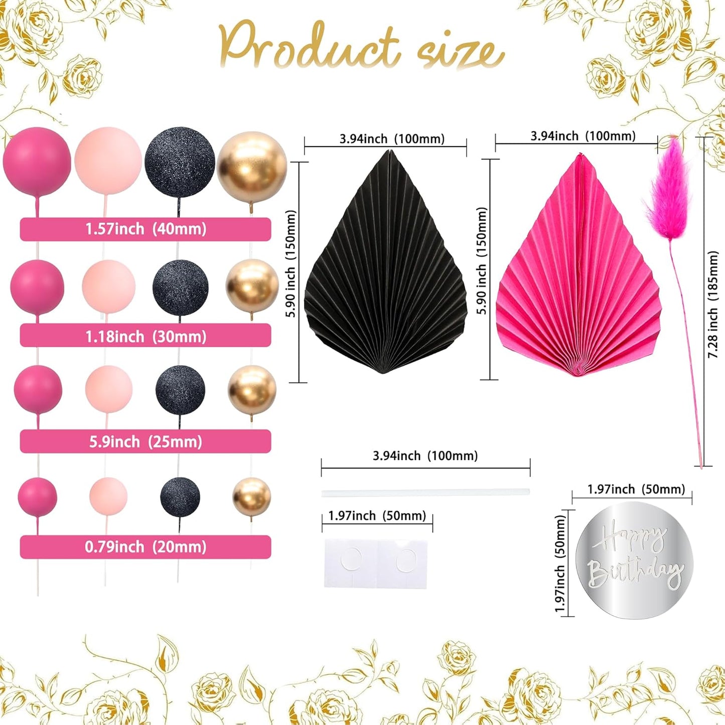 Ephlyn 33 Pack Balls Cake Toppers Boho Palm Leaves Cake Decorations Round Acrylic Happy Birthday Cupcake Toppers for Birthday Wedding Baby Shower Party Supplies Pink Black