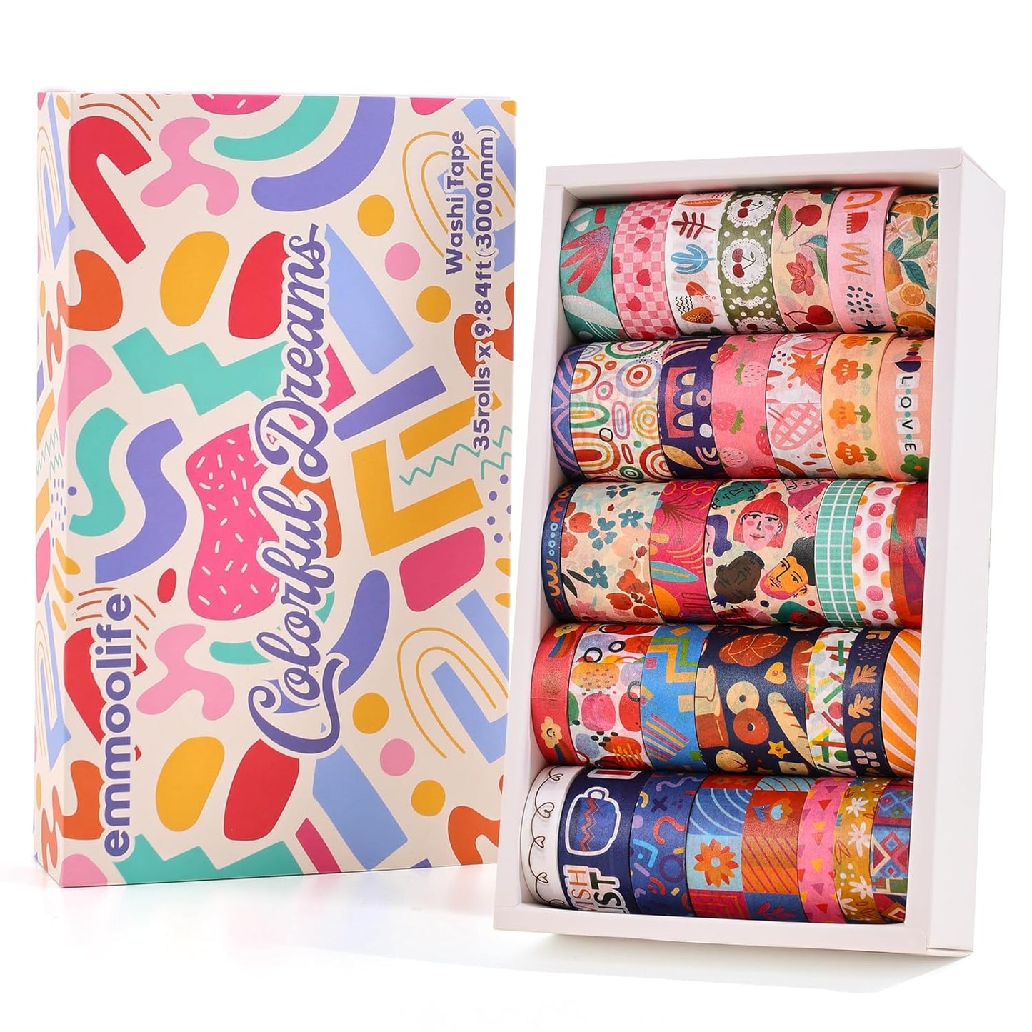 emmoolife 35 Rolls Washi Tape Set, Colorful Cute Floral Writable Decorative Tapes for Scrapbooking and Bullet Journaling, Junk Journal Supplies, DIY Planner Art, 5-30mm Wide 9.84ft Long/Roll