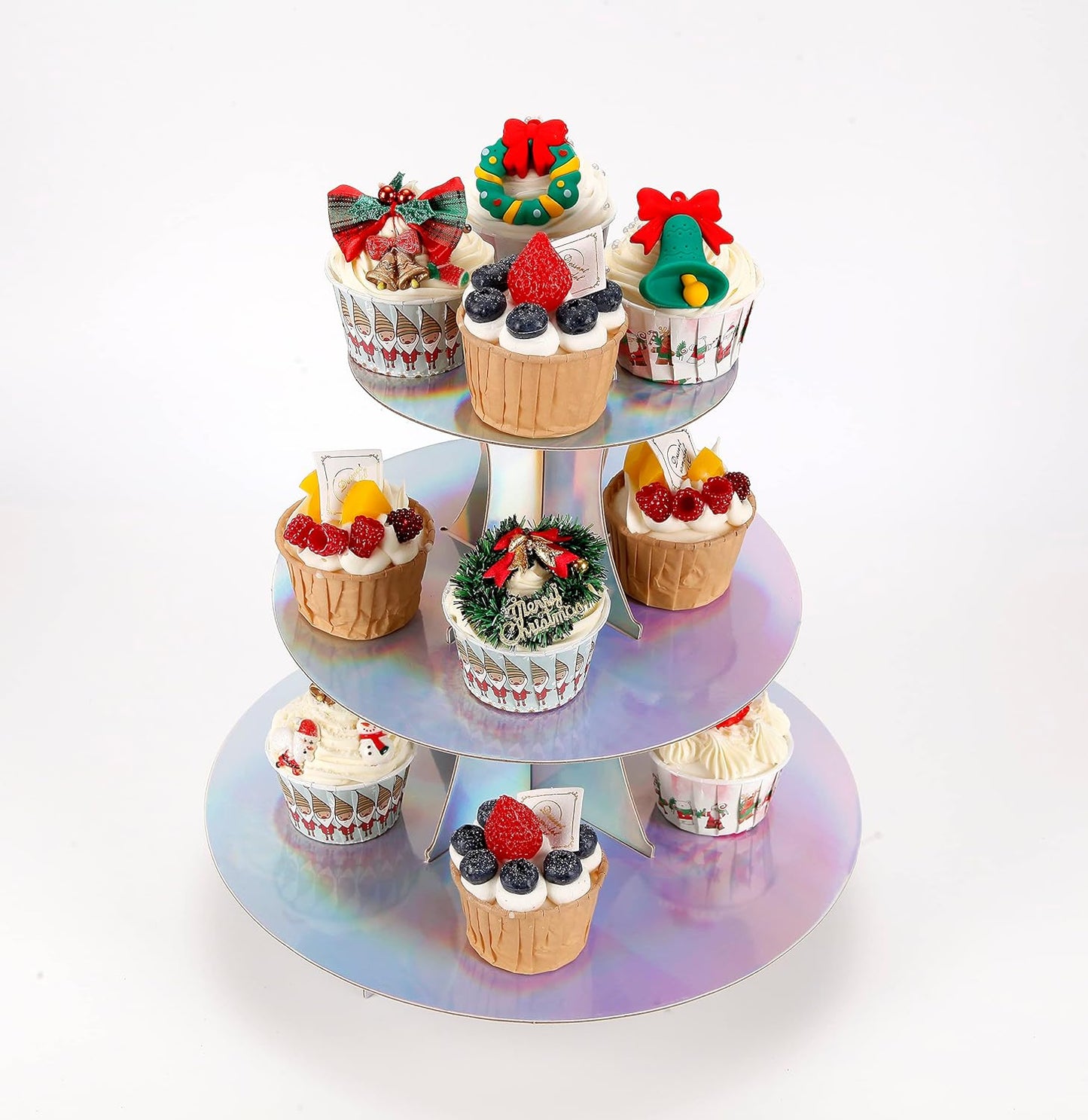 3-Tier Cupcake Stand, Round Rainbow Cake Stand Holder, Tiered DIY Cupcake Stand Tower for Dessert Table Displays, Birthday Theme Party Favors Decoration, Floral Tea Party, 12" W x 12.8" H, Laser